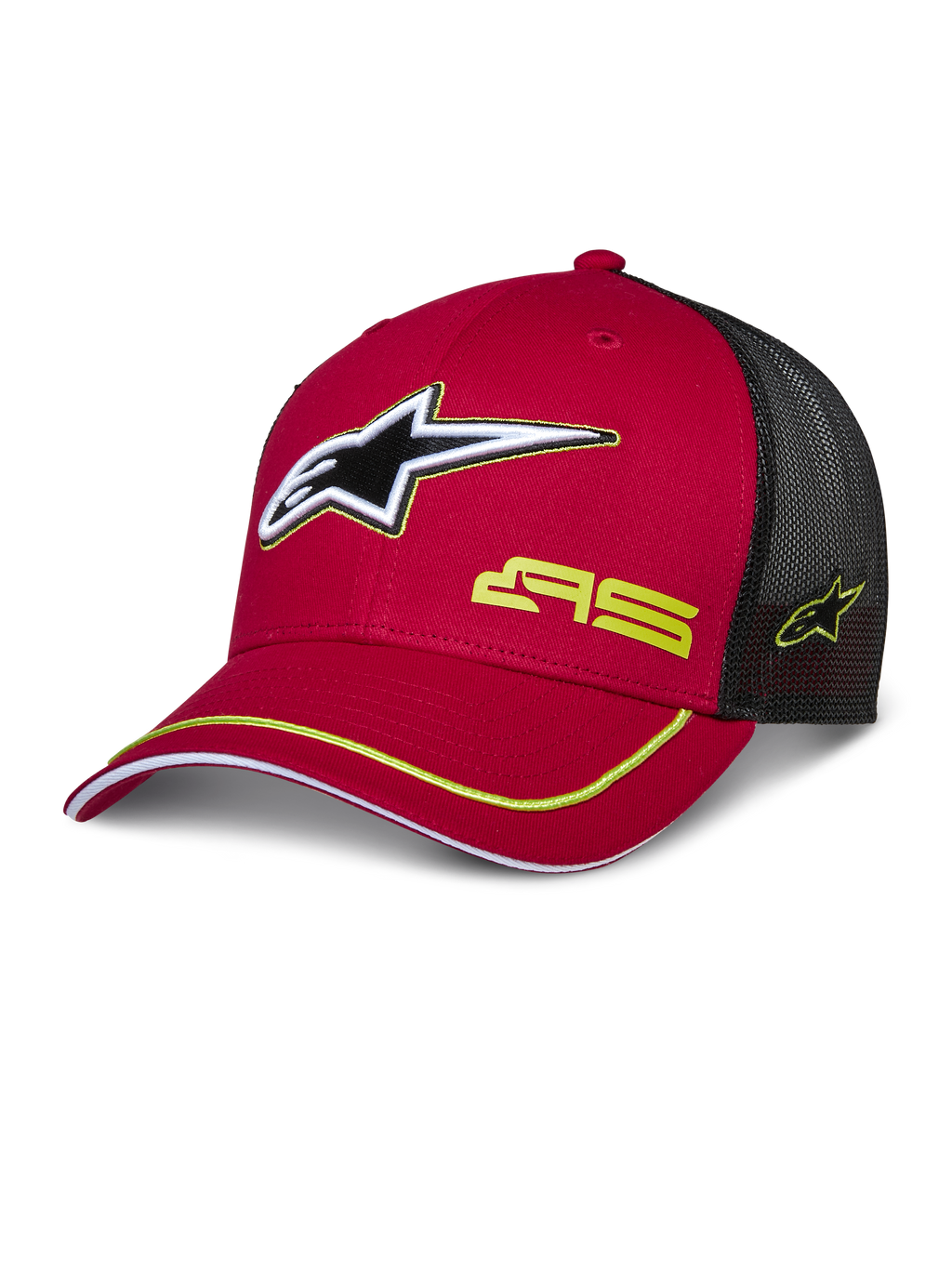 Alpinestars Exceed Trucker Hat, röd och svart baseballkeps med meshbaksida, 3D-stjärnlogotyp, gul AS-logotyp och gul accentkant på böjd skärm
