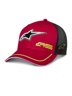 Alpinestars Exceed Trucker Hat, röd och svart baseballkeps med meshbaksida, 3D-stjärnlogotyp, gul AS-logotyp och gul accentkant på böjd skärm