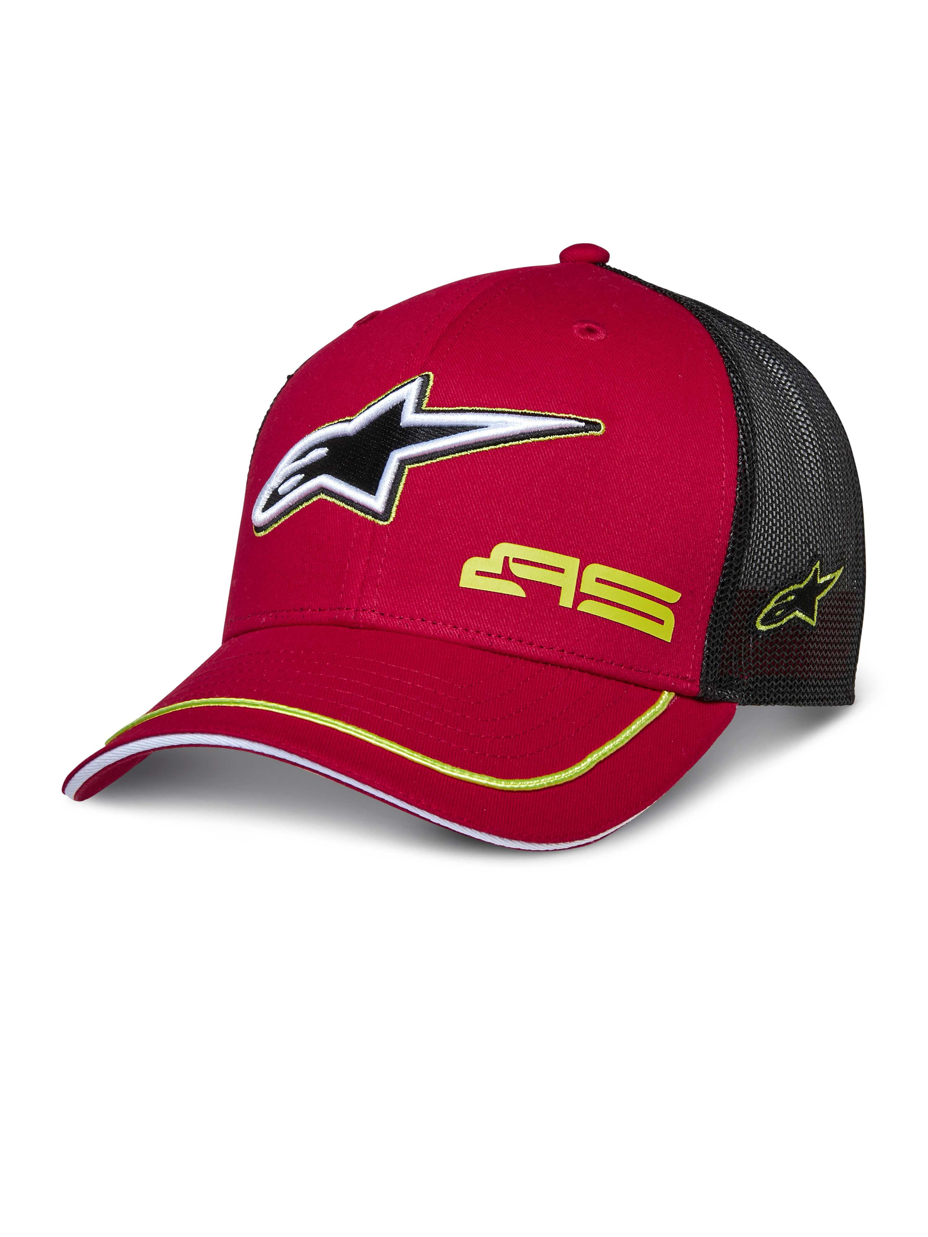 Alpinestars Exceed Trucker Hat, röd och svart baseballkeps med meshbaksida, 3D-stjärnlogotyp, gul AS-logotyp och gul accentkant på böjd skärm