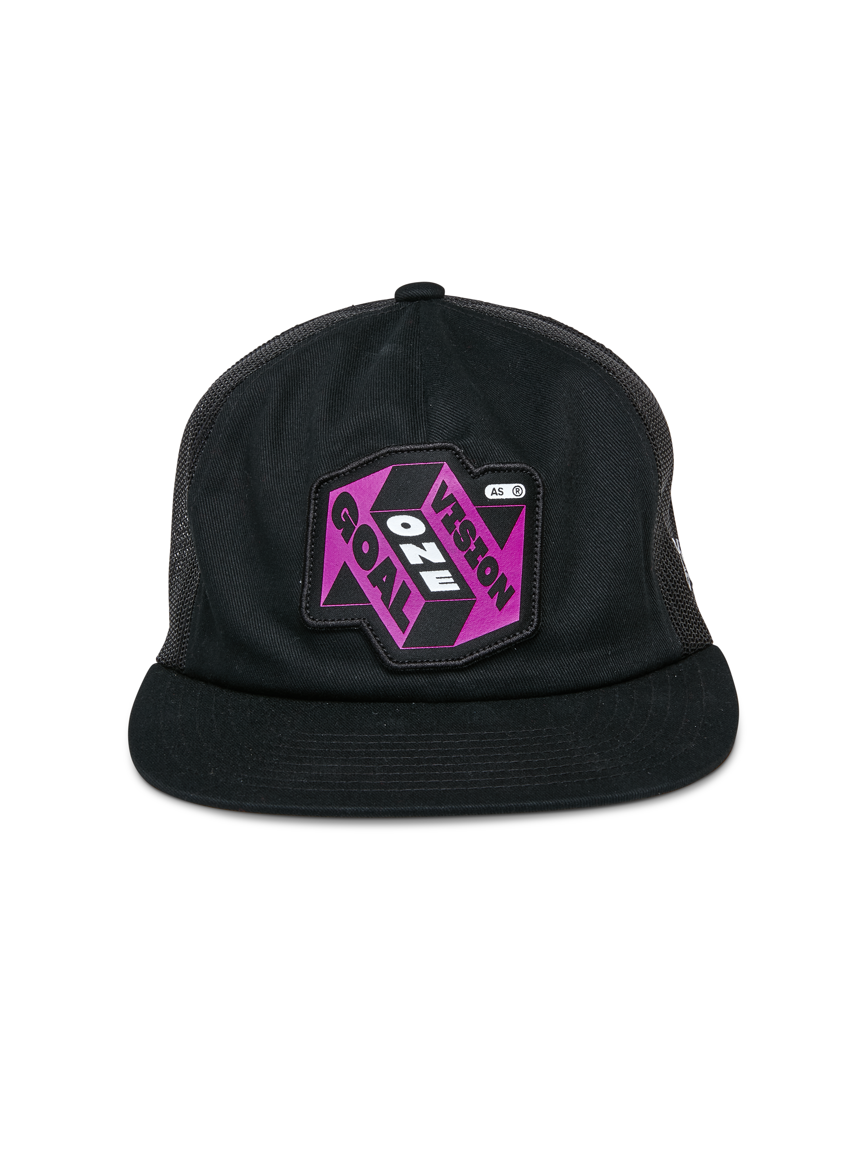 Alpinestars That Way Trucker Hat, Black Trucker Cap, features a purple and black graphic patch with "One Vision One Goal" text, flat bill, structured crown, and mesh back panels, casual motorsport-inspired headwear