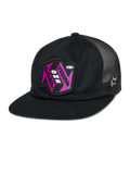Alpinestars That Way Trucker Hat, Black Mesh-Back Snapback Cap, Flat Bill, Pink and Purple 'Vision One Goal' Patch, White Alpinestars Star Logo, Casual Sportswear