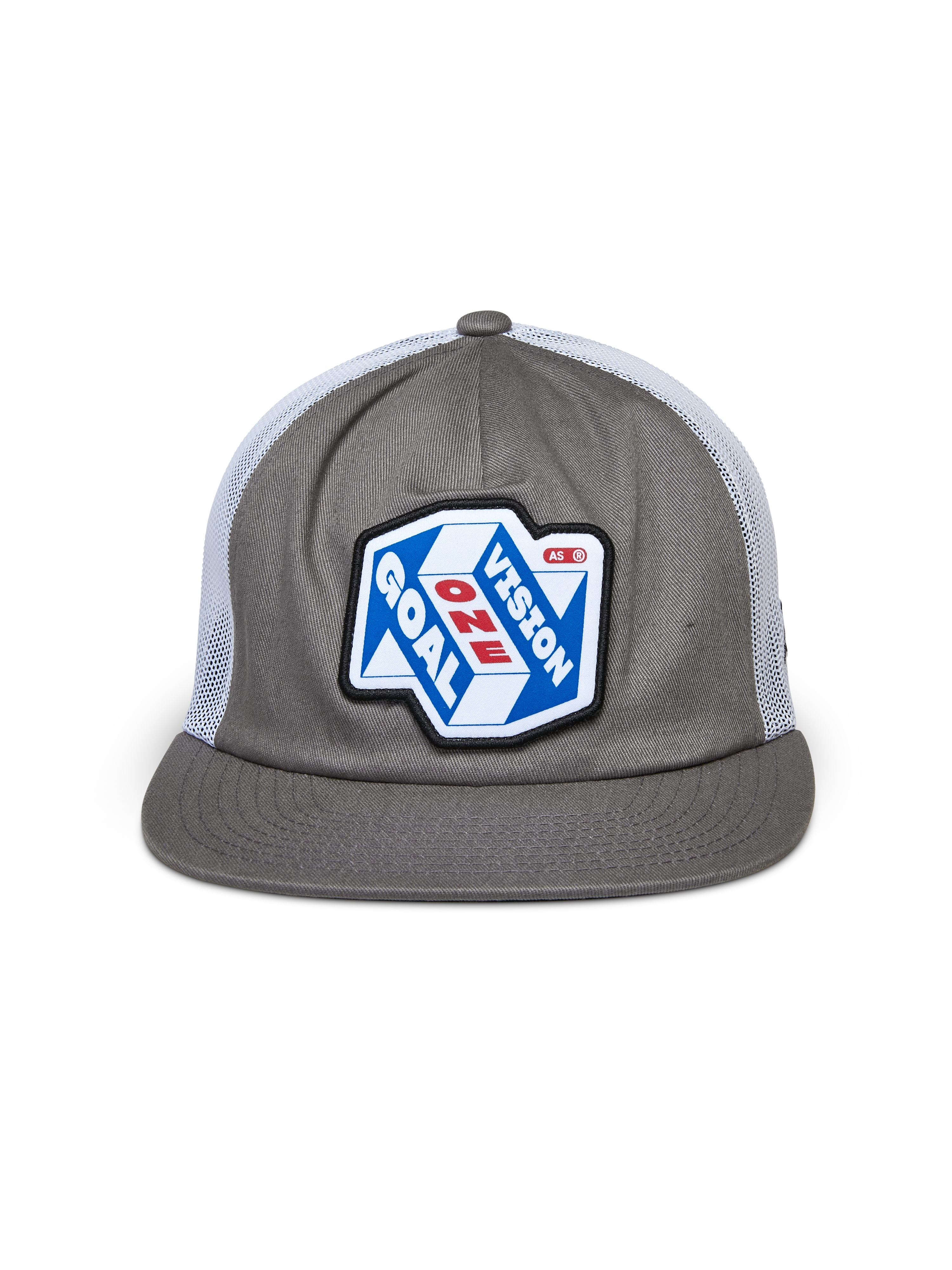 Alpinestars That Way Truckerkeps, grå och vit, strukturerad krona med platt skärm och vit meshbaksida, med ett stort märke framtill med 'One Goal One Vision'-grafik, vardaglig motorsport-streetwear