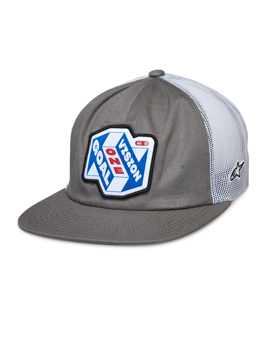 Alpinestars That Way Truckerkeps, grå och vit snapback-keps med meshbaksida, blå och vit grafisk patch med 'ONE GOAL VISION' i rött och vitt, platt skärm, liten stjärnlogotyp på meshen, avslappnad motorsportstil