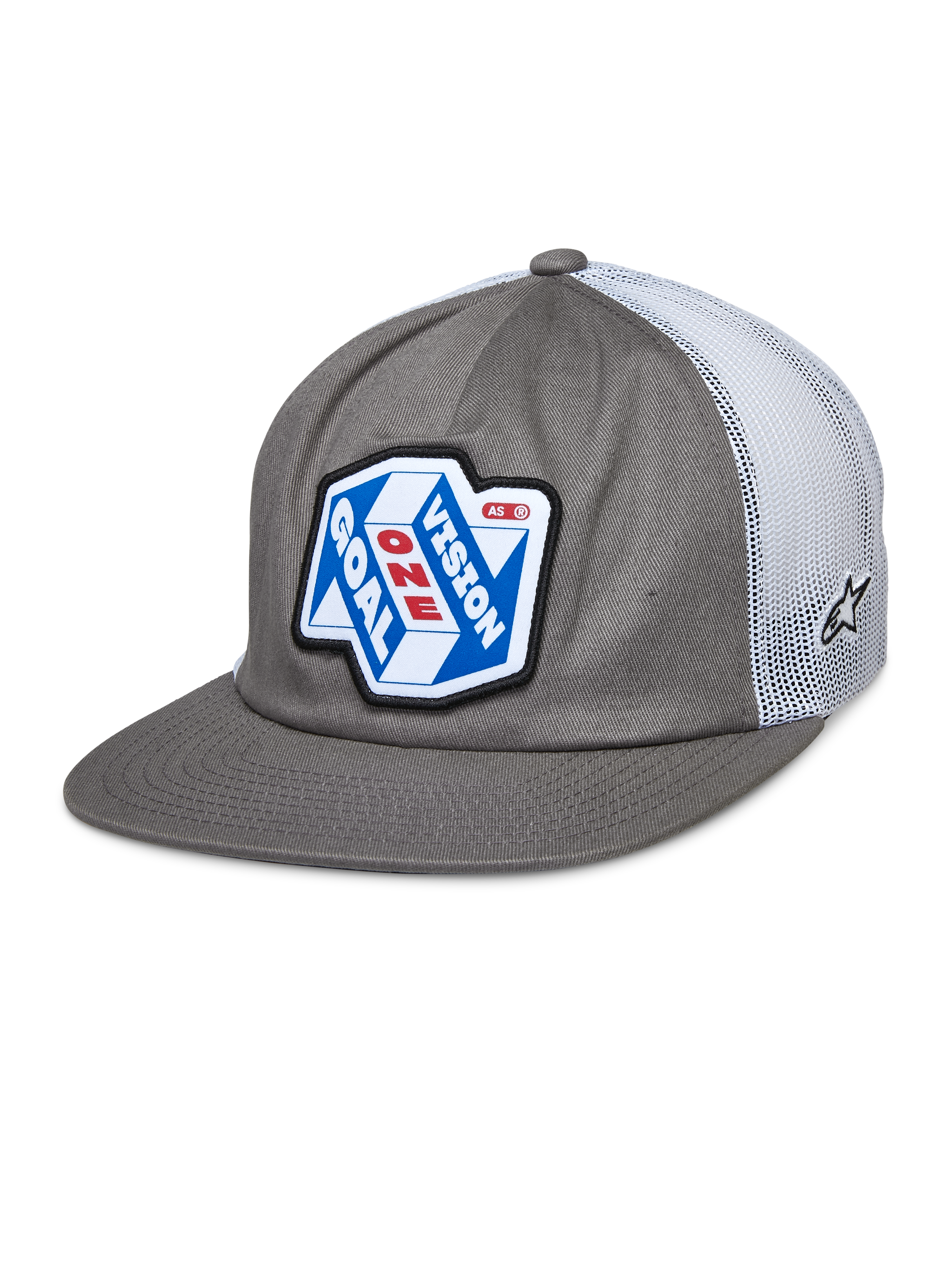 Alpinestars That Way Trucker Hat, Gray and White Snapback Cap with Mesh Back, Blue and White graphic patch featuring 'ONE GOAL VISION' in Red and White, Flat bill, small star logo on mesh, Casual Motorsport Style