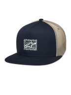 Alpinestars Mackinic Trucker Hat, Flat Bill Snapback Cap, Navy Blue and Khaki Mesh, features a square front logo patch with a speckled background, casual lifestyle headwear