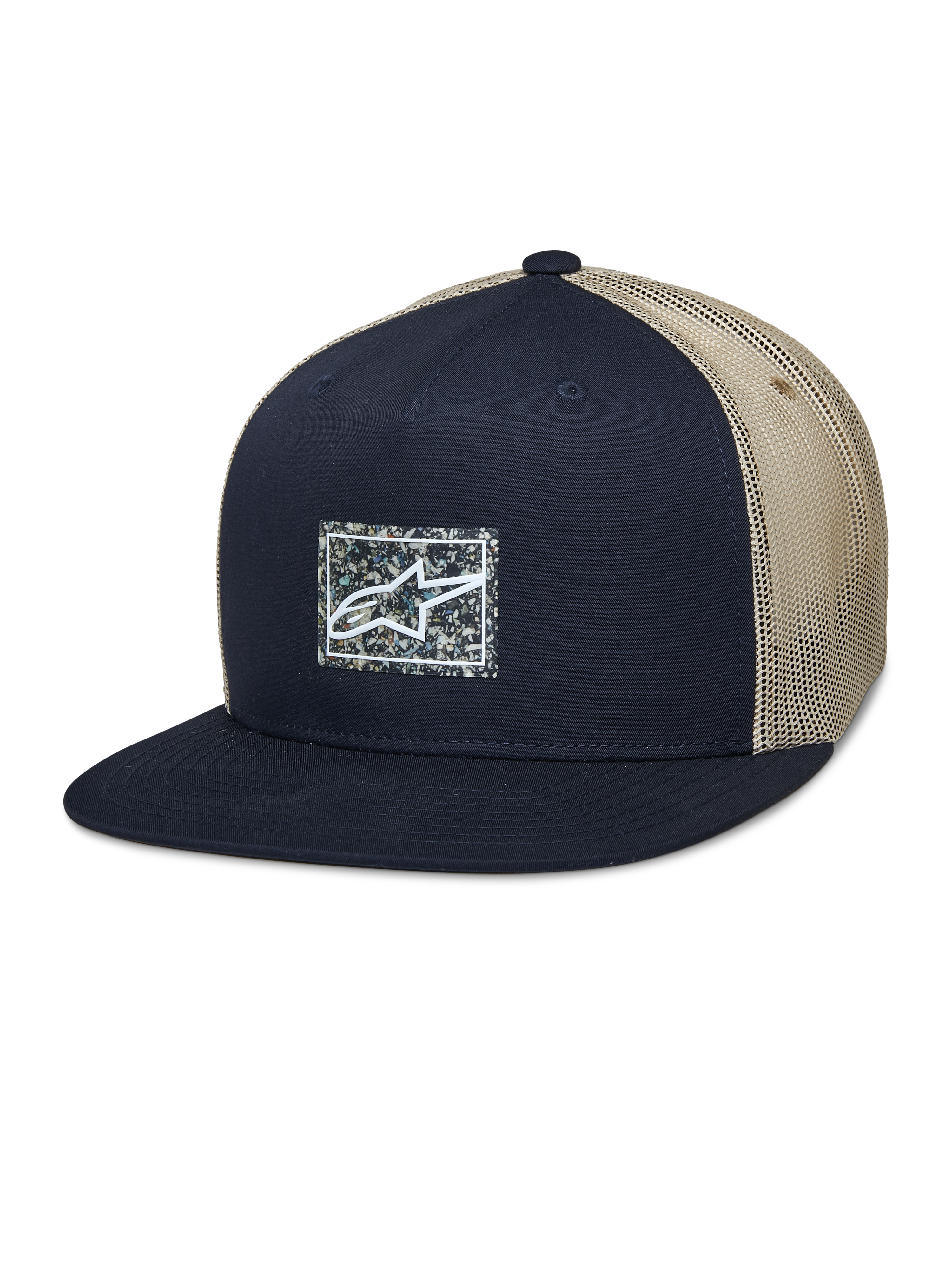 Alpinestars Mackinic Trucker Hat, Flat Bill Snapback Cap, Navy Blue and Khaki Mesh, features a square front logo patch with a speckled background, casual lifestyle headwear