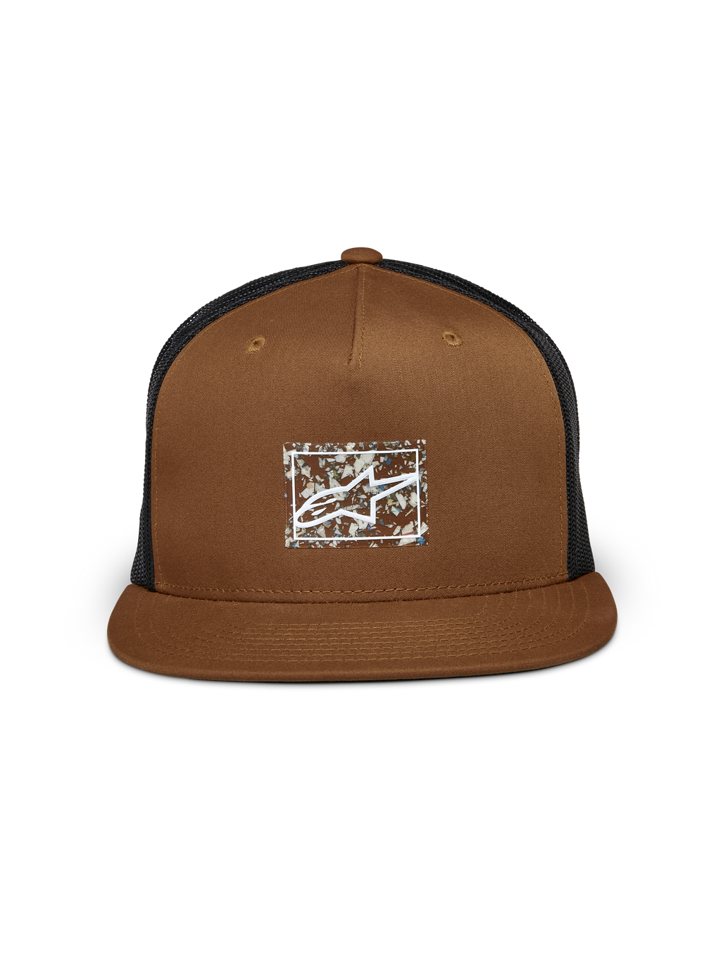 Alpinestars Mackinic Trucker-keps, brun och svart, platt skärm med strukturerad krona, med en värmeöverförd logotyp i återvunnet papper TPU på framsidan, svart meshbaksida, vardaglig sportaccessoar