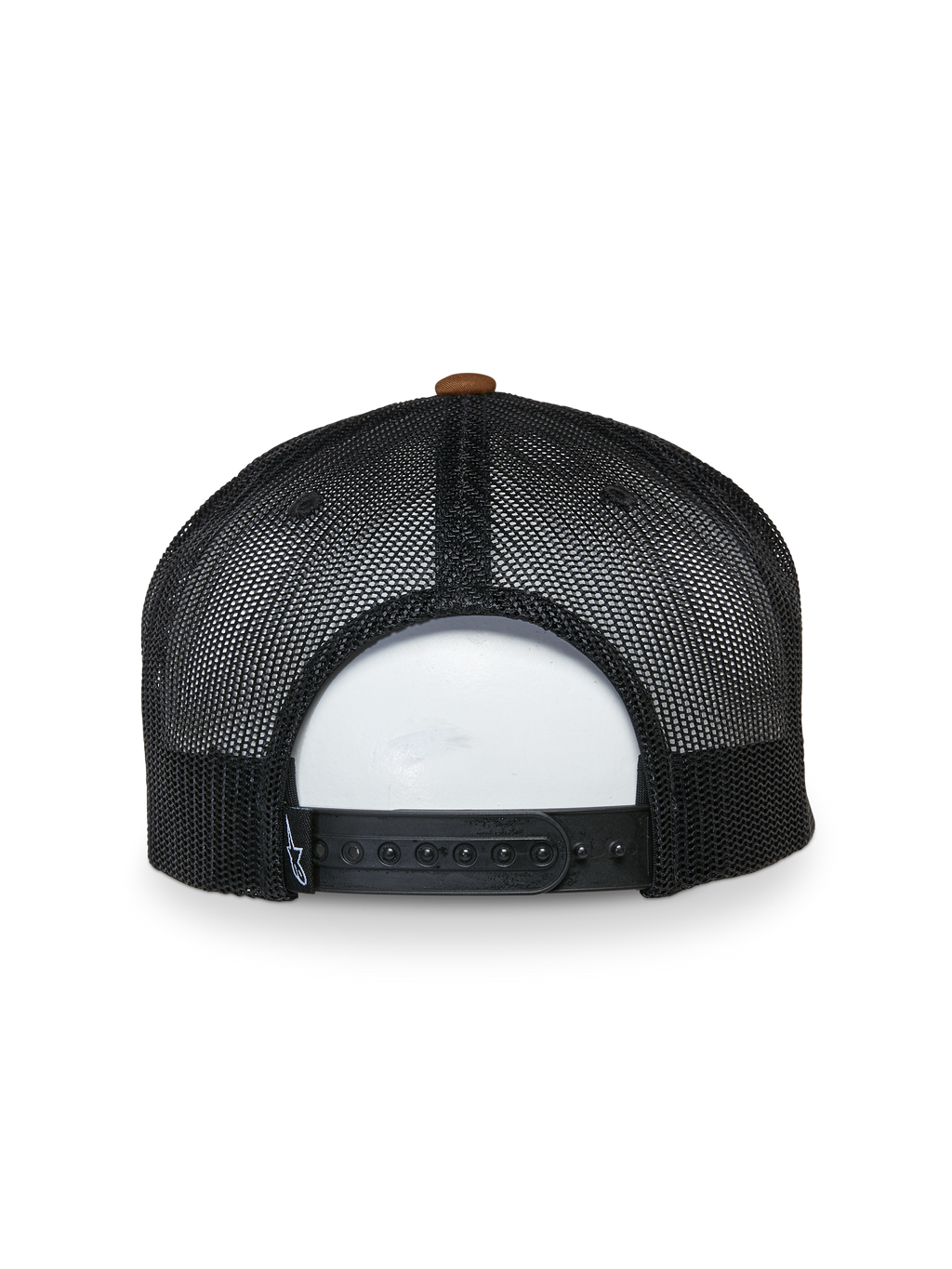 Alpinestars Mackinic Trucker keps, vy bakifrån, svarta nätpaneler med brun toppknapp, justerbar snapback-knäppning, avslappnad sportaccessoar