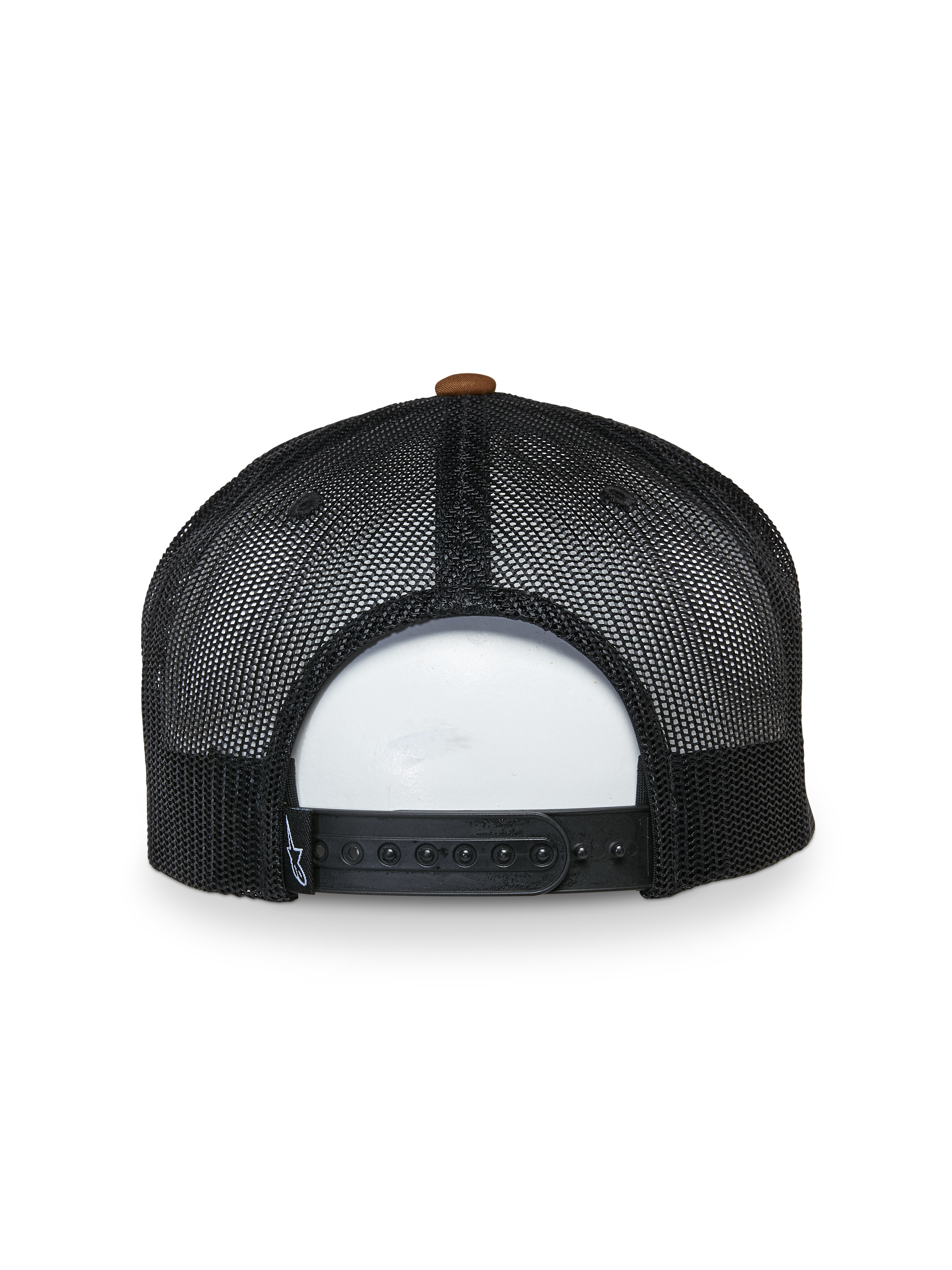 Alpinestars Mackinic Trucker keps, vy bakifrån, svarta nätpaneler med brun toppknapp, justerbar snapback-knäppning, avslappnad sportaccessoar