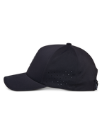 Alpinestars Apex Hat, Black, side profile view, curved bill with structured crown, side panel perforations for breathability, moisture-wicking technical fabric, casual performance sportswear