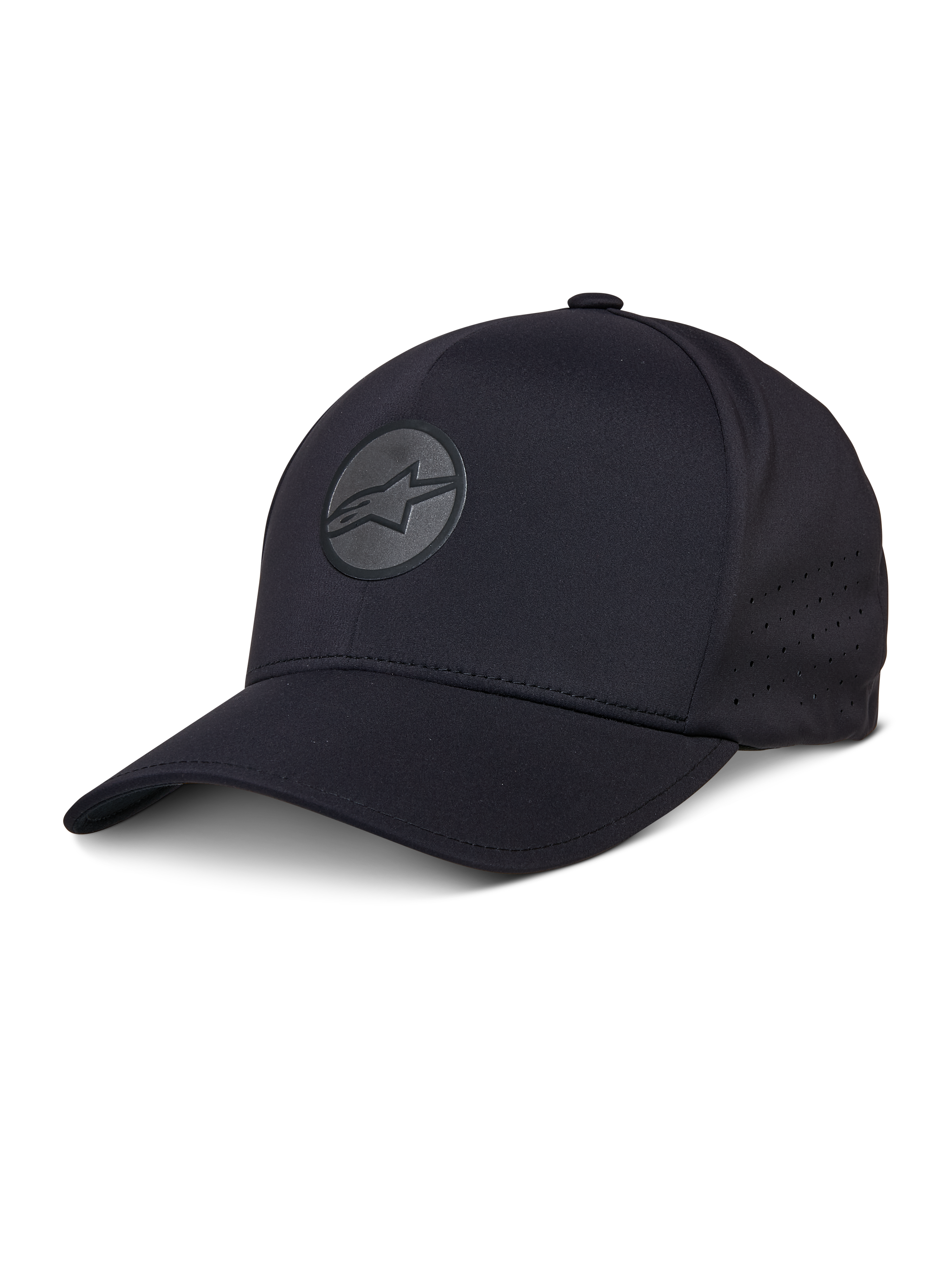 Alpinestars Apex-keps, svart baseballkeps med böjd skärm, reflekterande rund stjärnlogotyp, perforerade sidopaneler för ventilation, sportkeps i funktionsmaterial