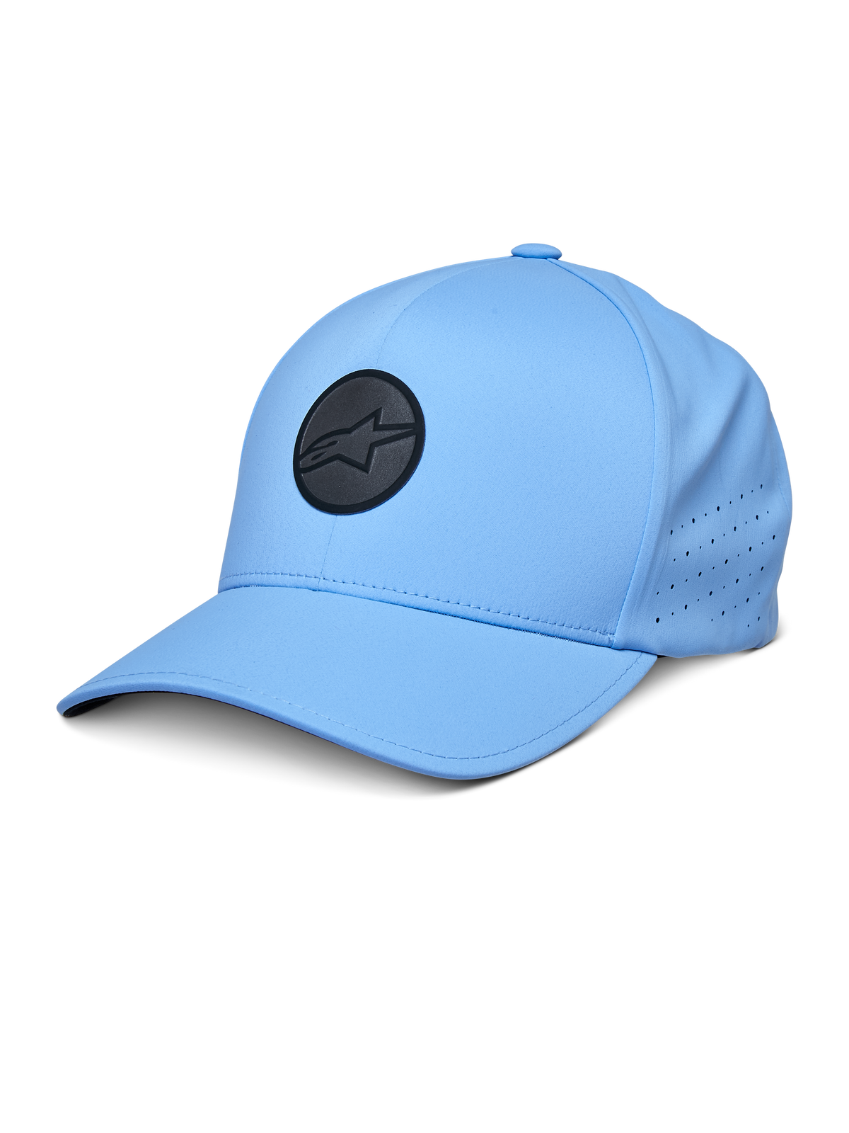 Alpinestars Apex Hat, Blue Baseball Cap, featuring a black circular logo, perforated side panels for ventilation, curved brim, performance sportswear