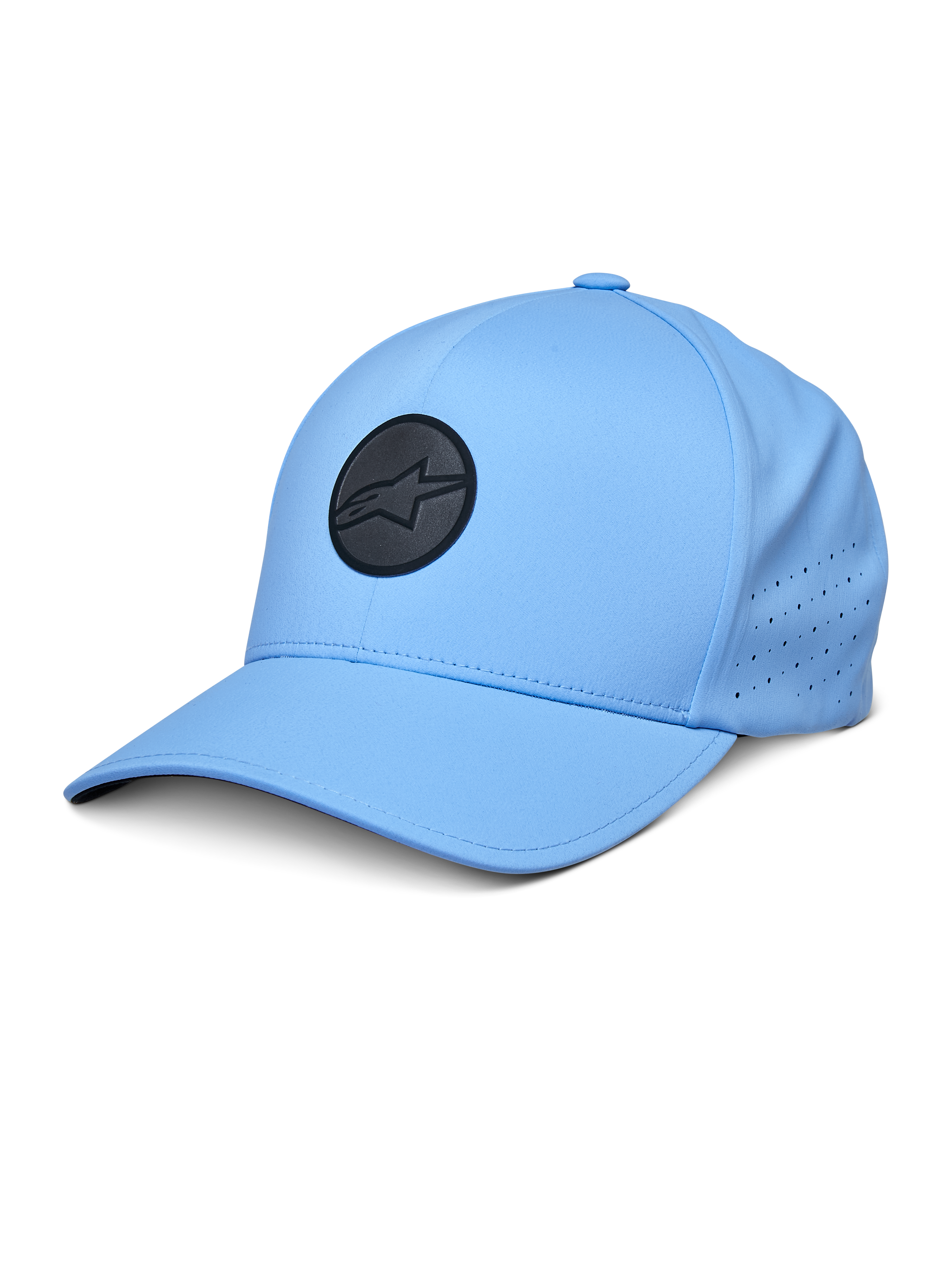 Alpinestars Apex Hat, blå baseballkeps med en svart cirkulär logotyp, perforerade sidopaneler för ventilation, böjd skärm, funktionella sportkläder