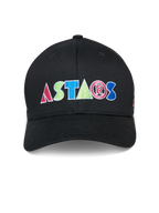 Alpinestars Cereal Hat, svart baseballkeps med färgglad broderad ASTARS-logotyp framtill, strukturerad krona med böjd skärm, casual motorsport-sportswear