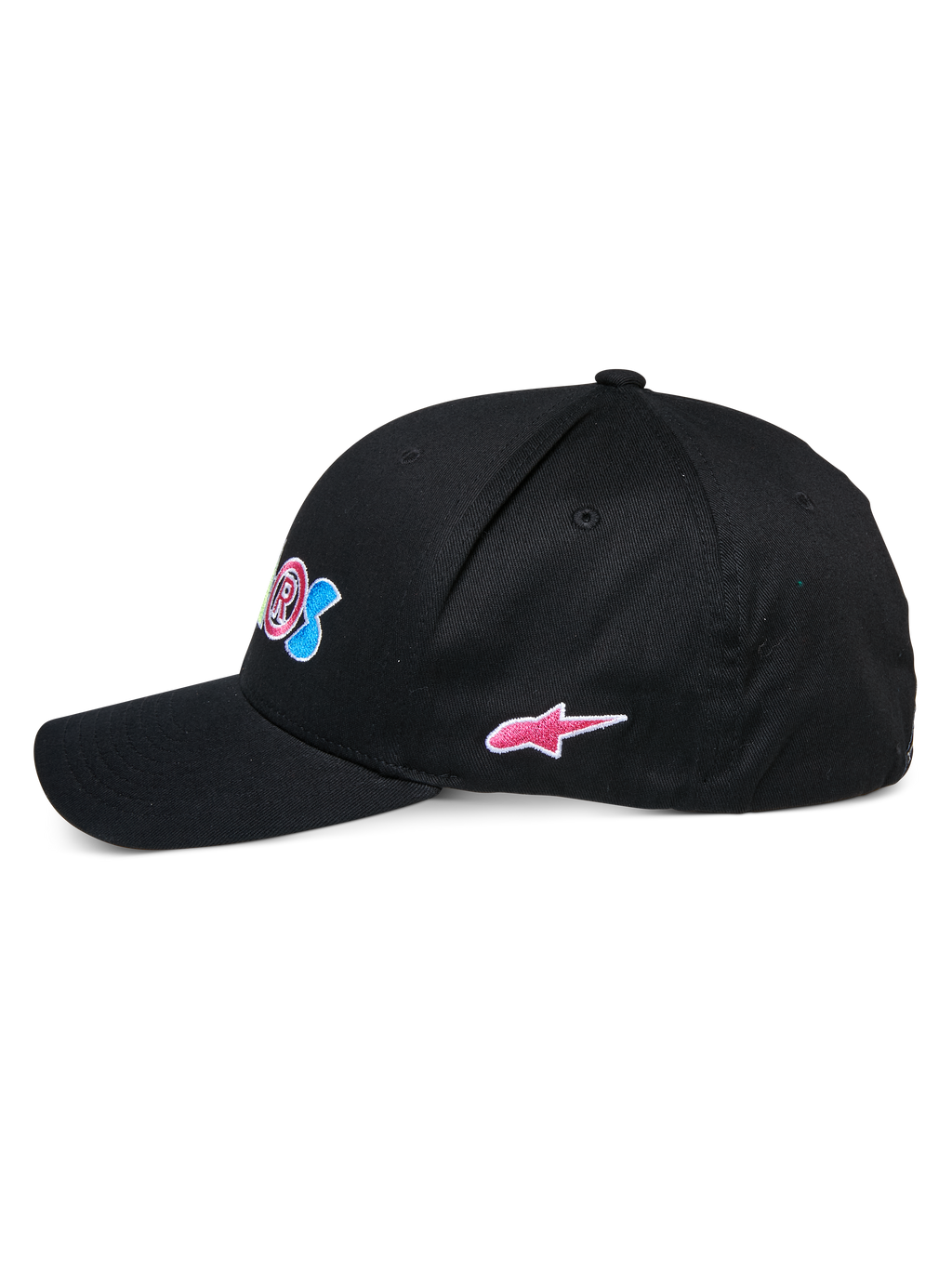 Alpinestars Cereal Hat, svart baseballkeps, profilvy från sidan, böjd skärm med strukturerad krona, med färgglatt broderi fram och en rosa Alpinestars-stjärnlogotyp på sidan, avslappnad sportswear-huvudbonad