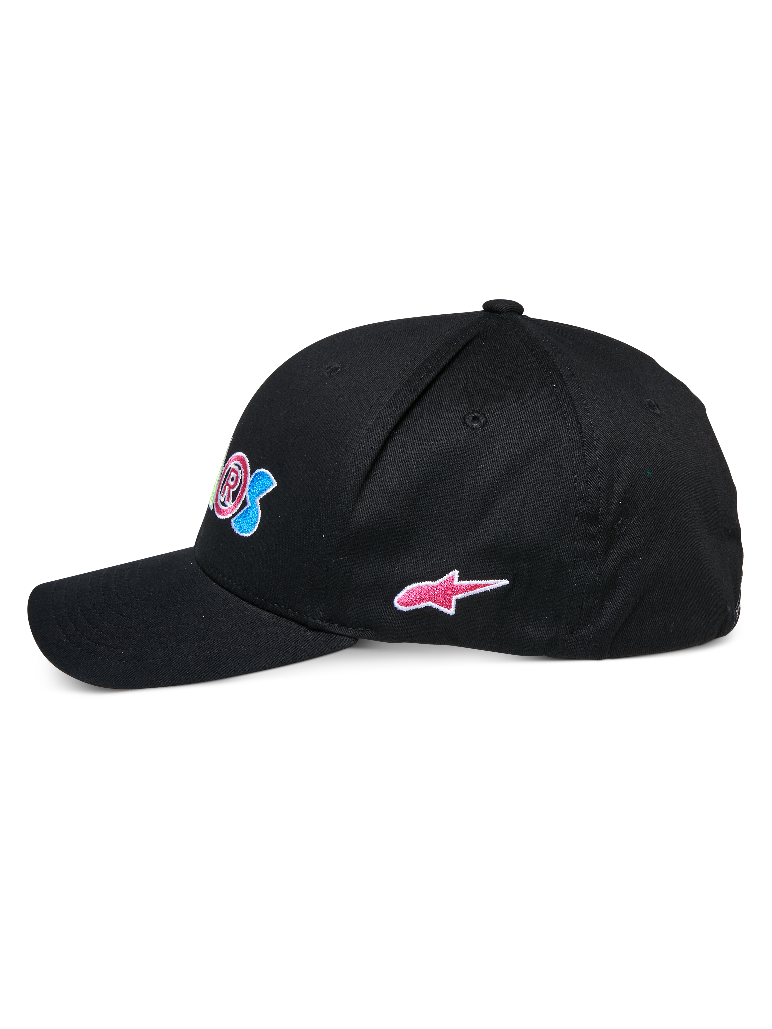 Alpinestars Cereal Hat, svart baseballkeps, profilvy från sidan, böjd skärm med strukturerad krona, med färgglatt broderi fram och en rosa Alpinestars-stjärnlogotyp på sidan, avslappnad sportswear-huvudbonad