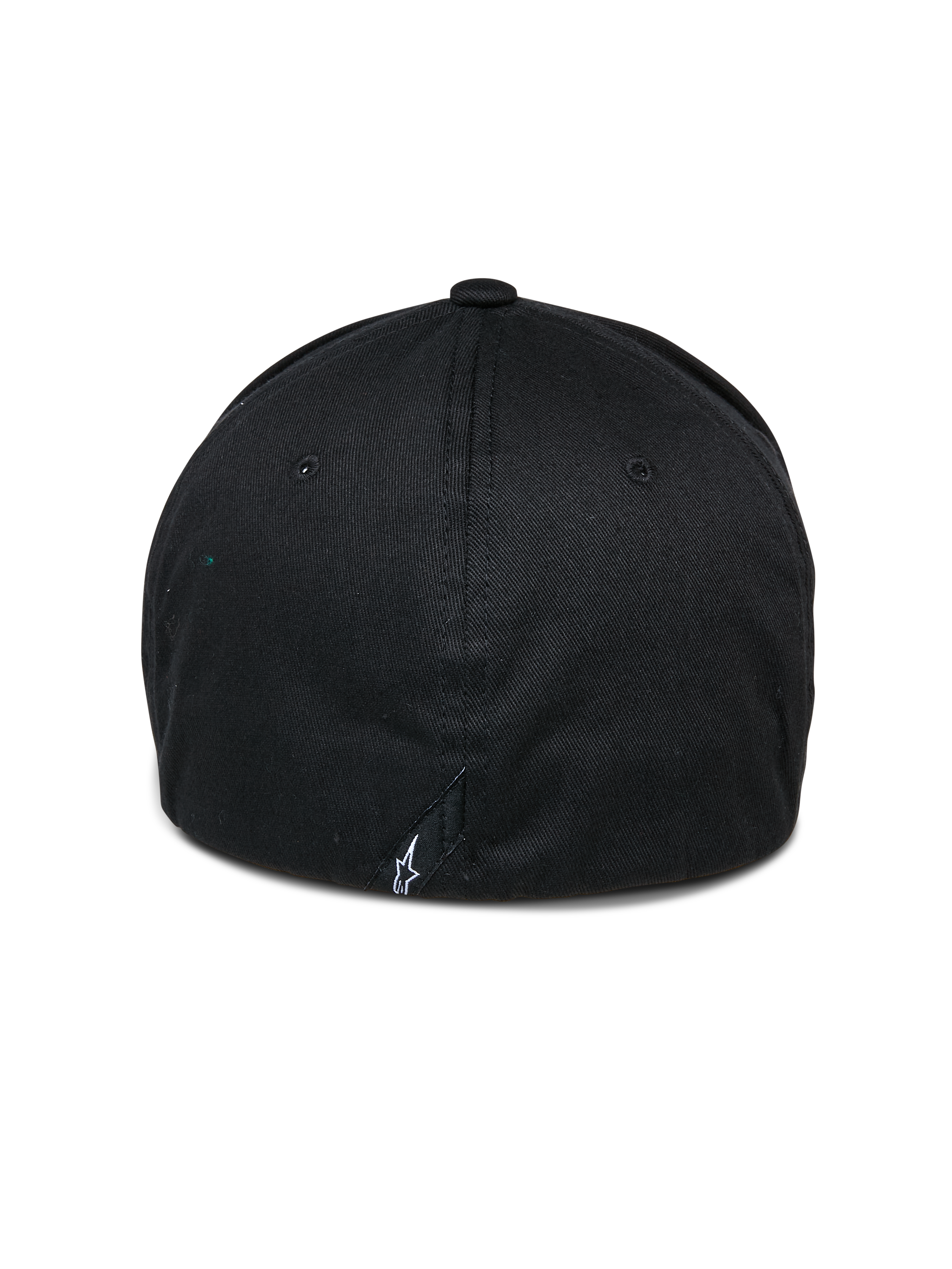 Alpinestars Cereal Hat, svart baseballkeps, vy bakifrån med flexibelt bakstycke och en liten vit broderad logotyp nertill, vardaglig sportkeps