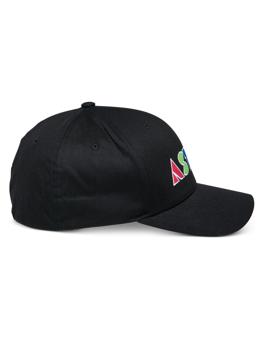 Alpinestars Cereal keps, svart strukturerad baseballkeps i sidoprofil, färgglad platt broderad logotyp på sidan med geometriska bokstäver, böjd skärm, avslappnad sportswear-design.