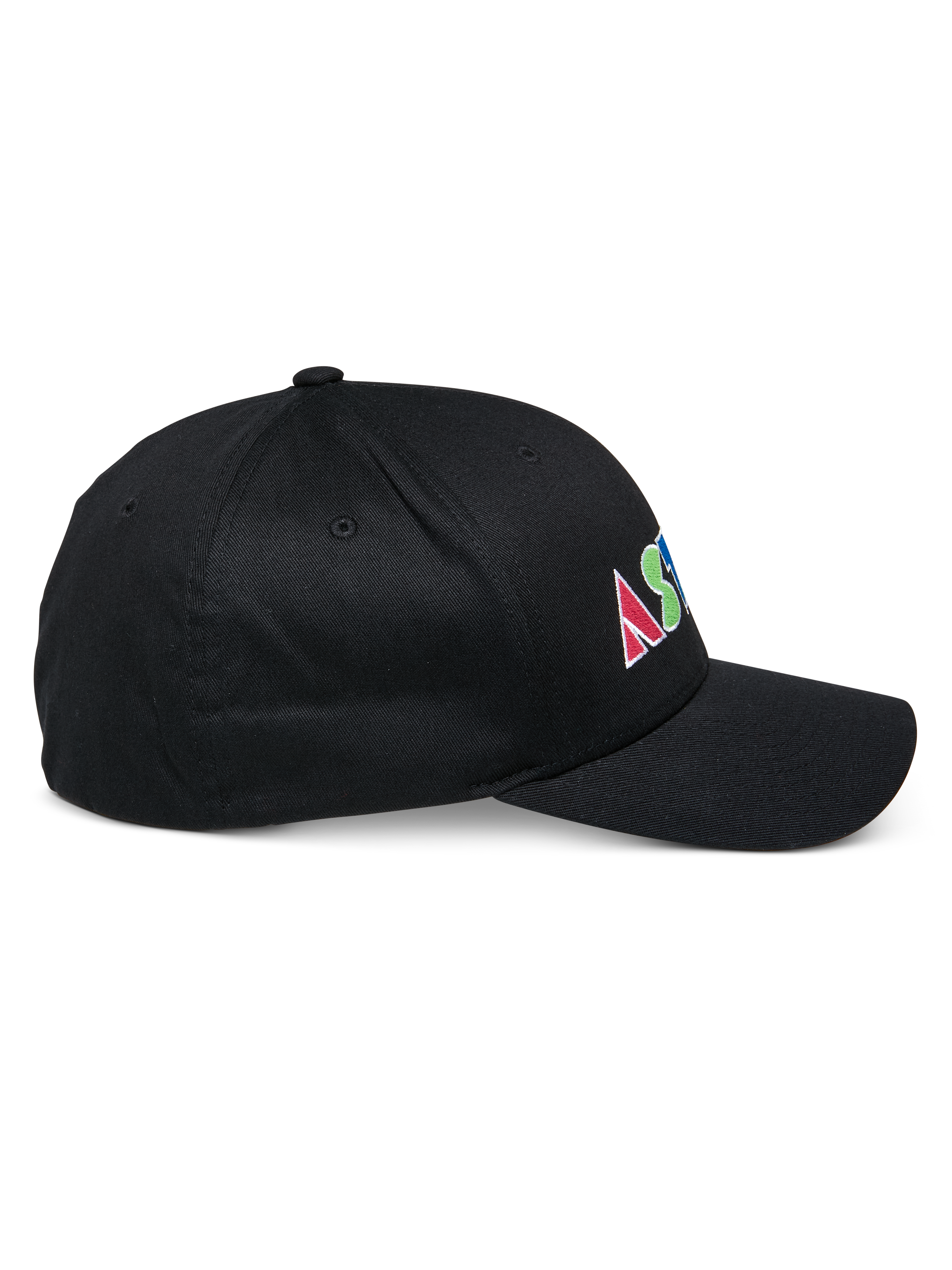 Alpinestars Cereal keps, svart strukturerad baseballkeps i sidoprofil, färgglad platt broderad logotyp på sidan med geometriska bokstäver, böjd skärm, avslappnad sportswear-design.