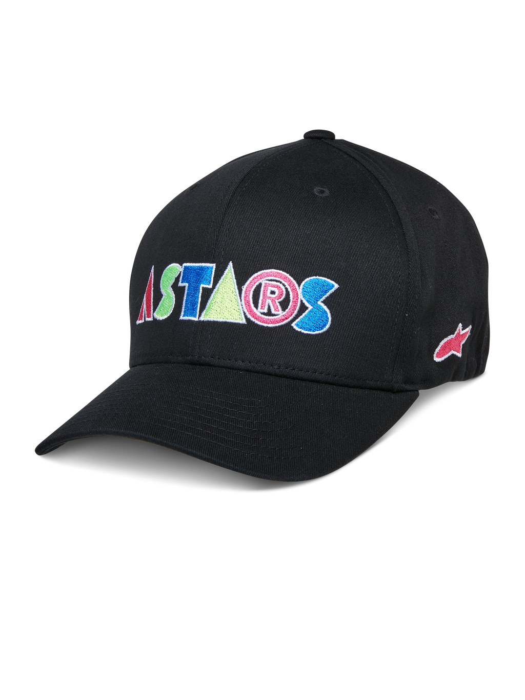 Alpinestars Cereal Hat, svart baseballkeps med färgglada broderade ASTARS-bokstäver i rött, blått, rosa och grönt, böjd skärm, casual livsstilshuvudbonad