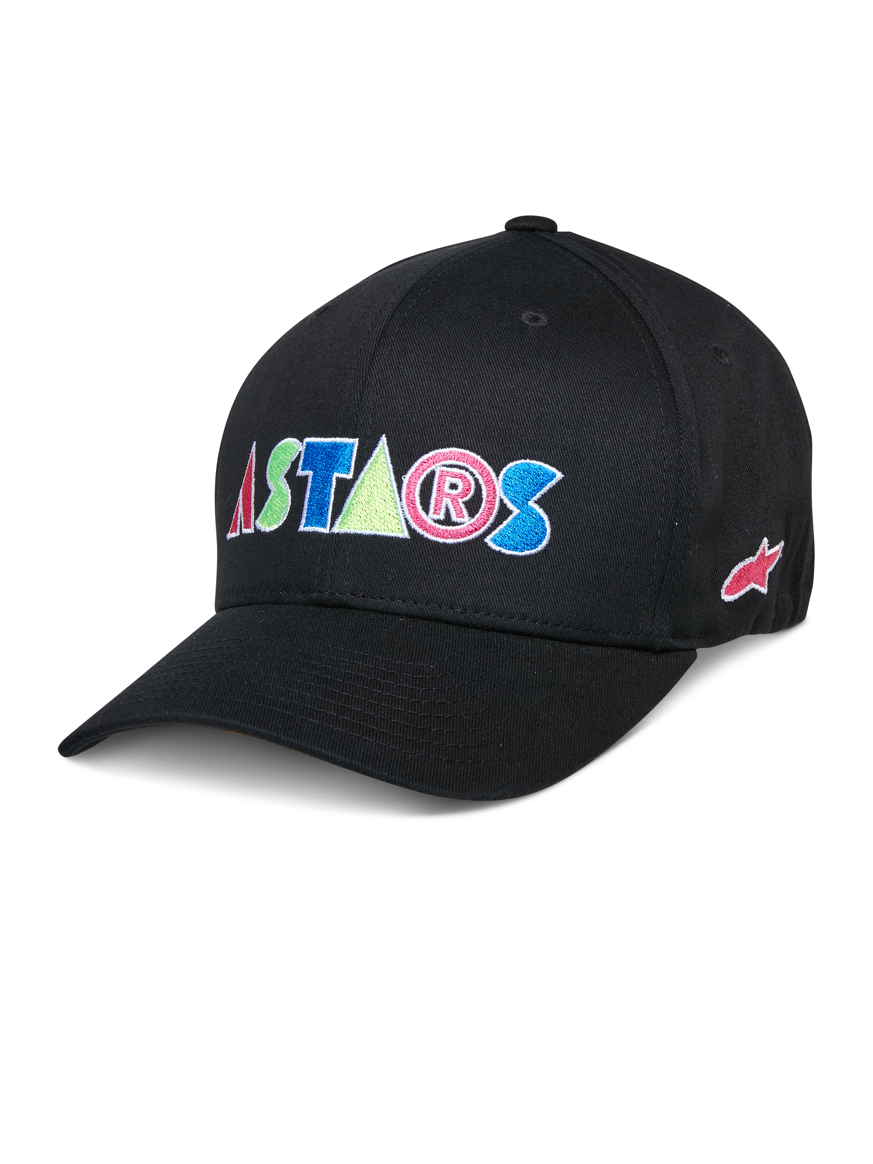 Alpinestars Cereal Hat, svart baseballkeps med färgglada broderade ASTARS-bokstäver i rött, blått, rosa och grönt, böjd skärm, casual livsstilshuvudbonad