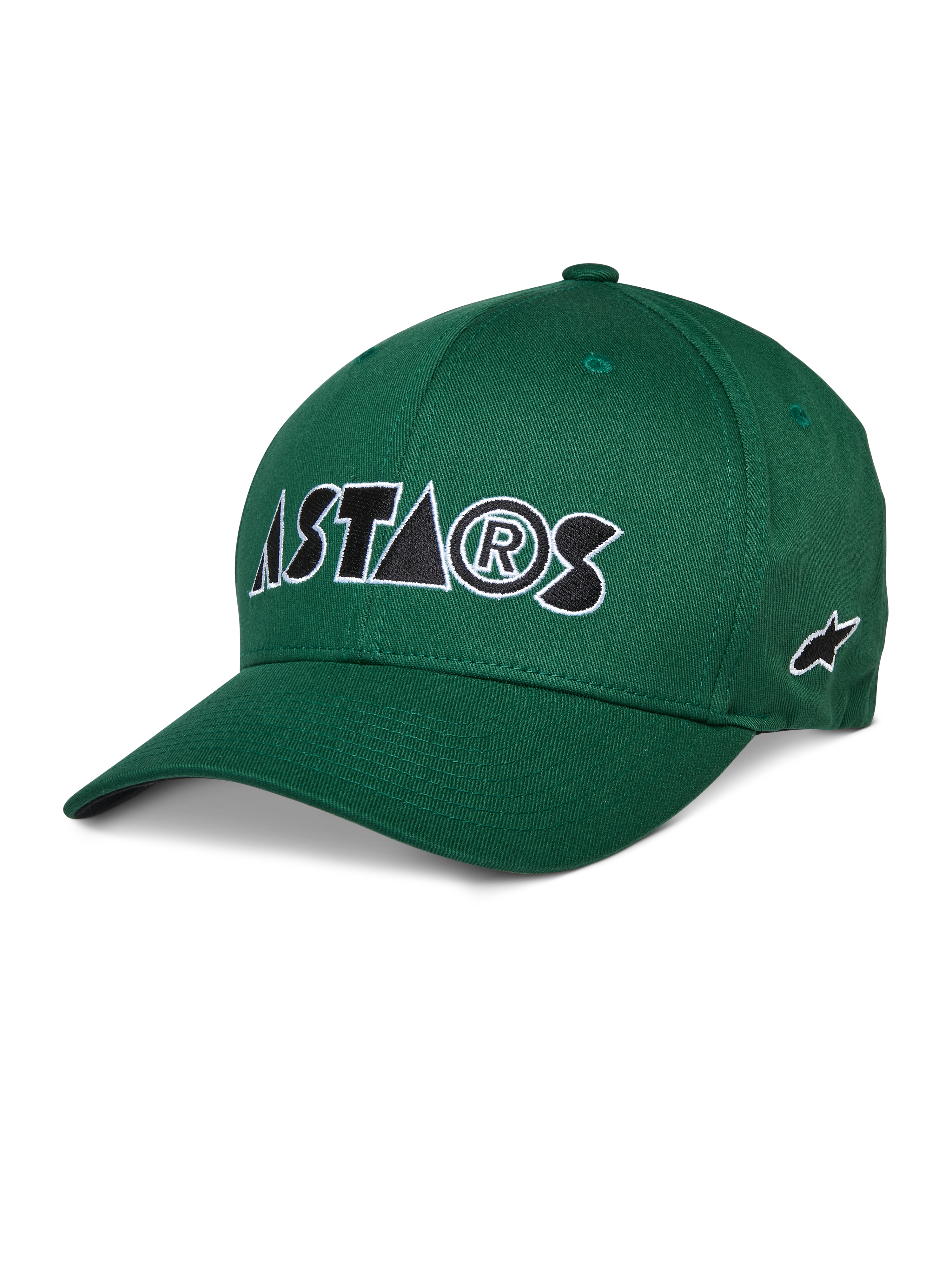 Alpinestars Cereal Hat, grön baseballkeps, vit och svart broderad ASTARS-logotyp, böjd skärm, strukturerad krona, avslappnade sportkläder