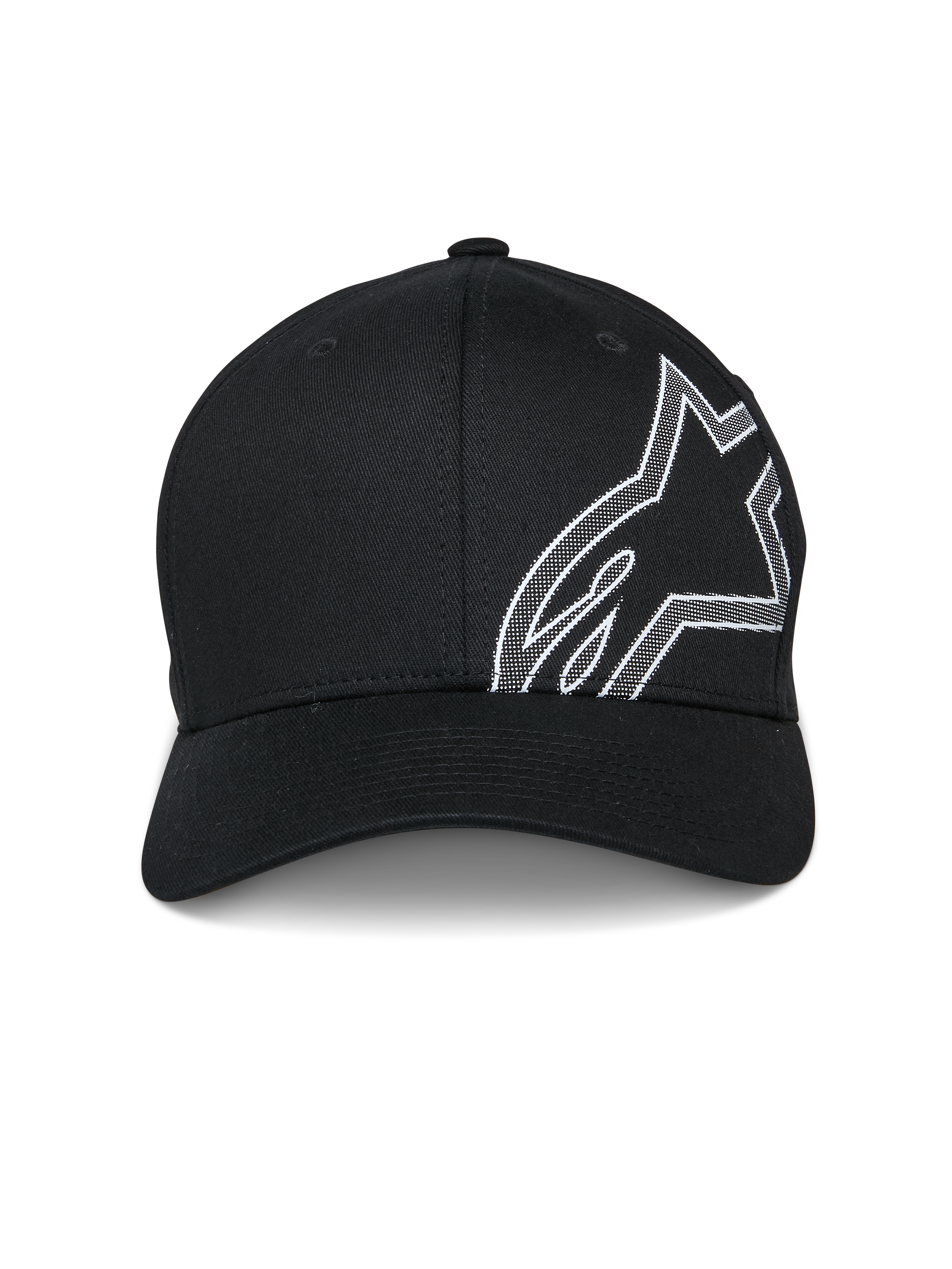 Alpinestars Share Hat, Baseball Cap, Black, featuring a large white HD puff print Astars logo outline on the side, curved bill, structured crown, casual motorsport-inspired sportswear