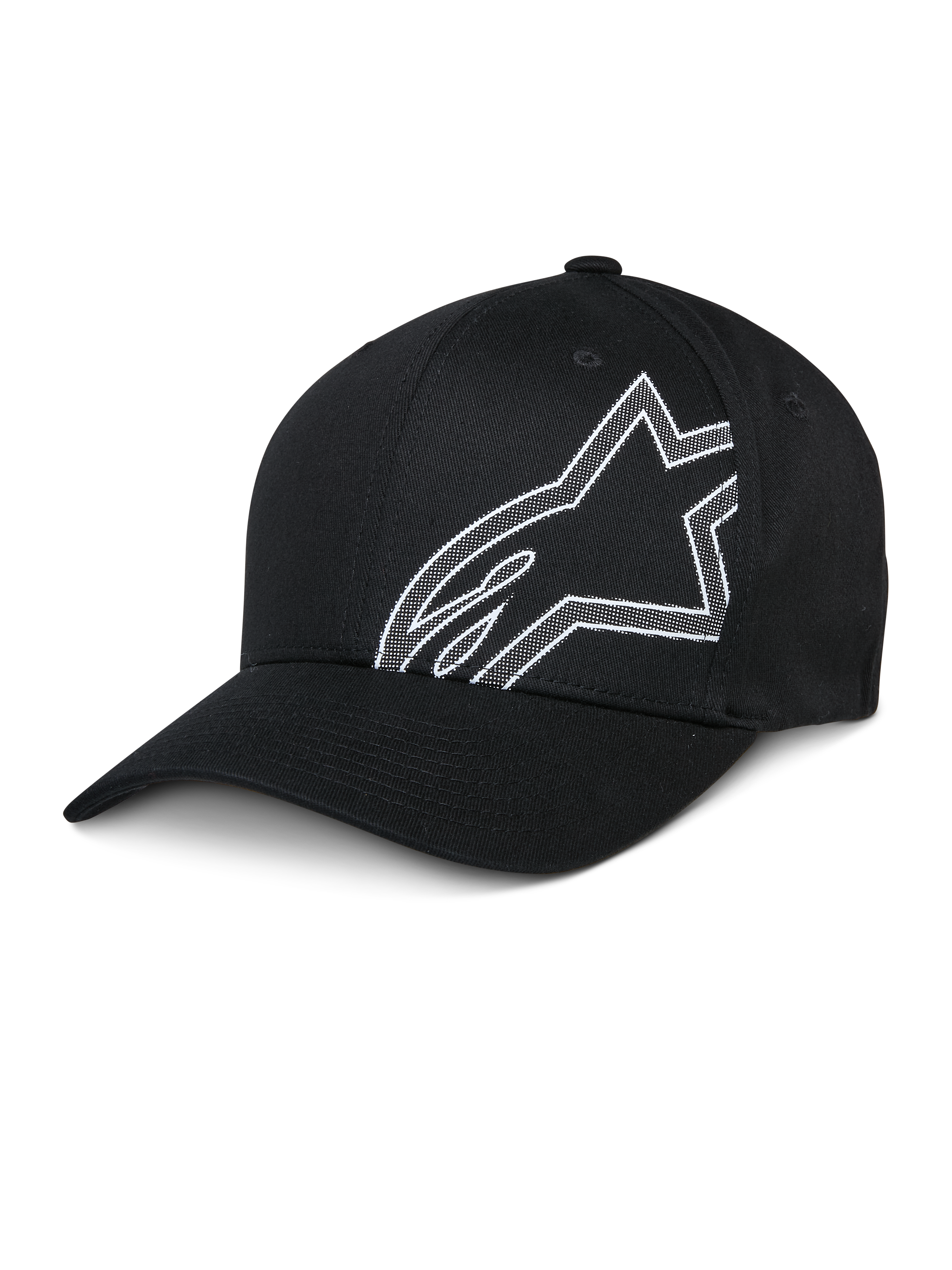 Alpinestars Share Hat, svart baseballkeps, vit konturerad Astars-logotyp, böjd skärm, strukturerad krona, vardagliga sportkläder