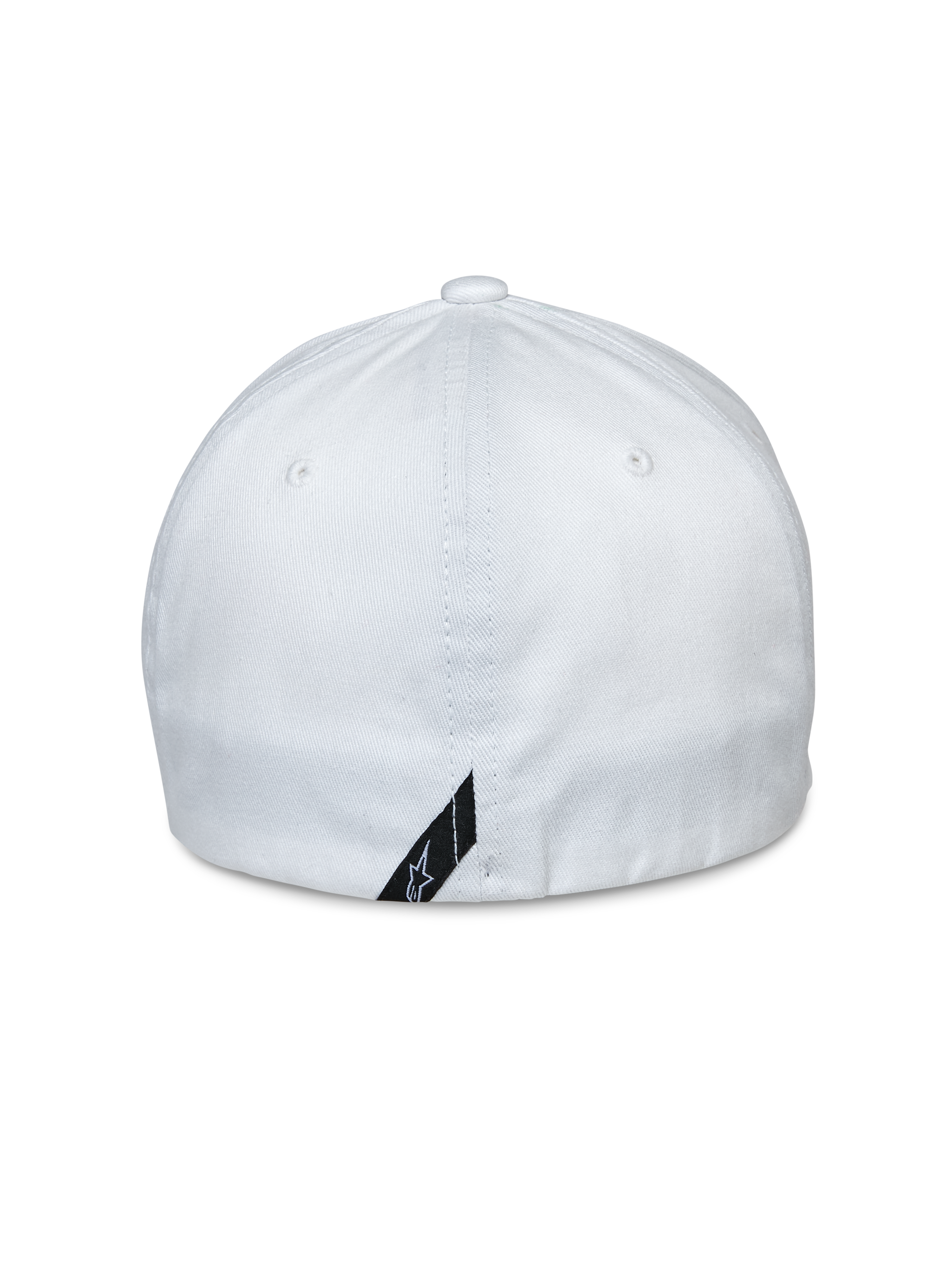 Alpinestars Share Hat, back view, white flex back baseball cap, stretch twill fabric, featuring a small black logo label at the bottom edge, casual sportswear accessory