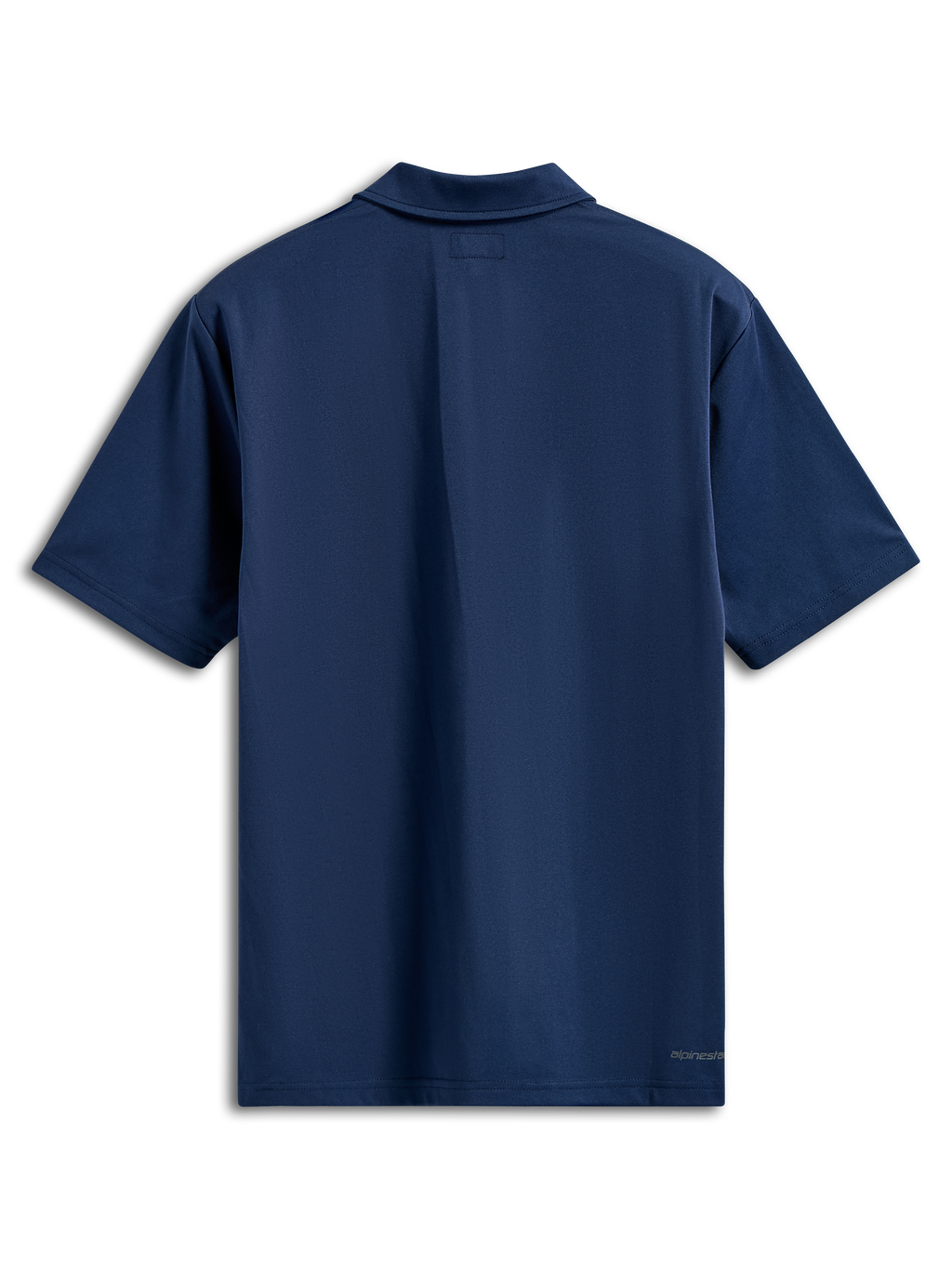 Alpinestars Impetus Sport Polo, kortärmad pikétröja, marinblå, vy bakifrån med självkrage och en liten ordlogotyp på den nedre högra fållen, vardagliga motorsport-streetwear