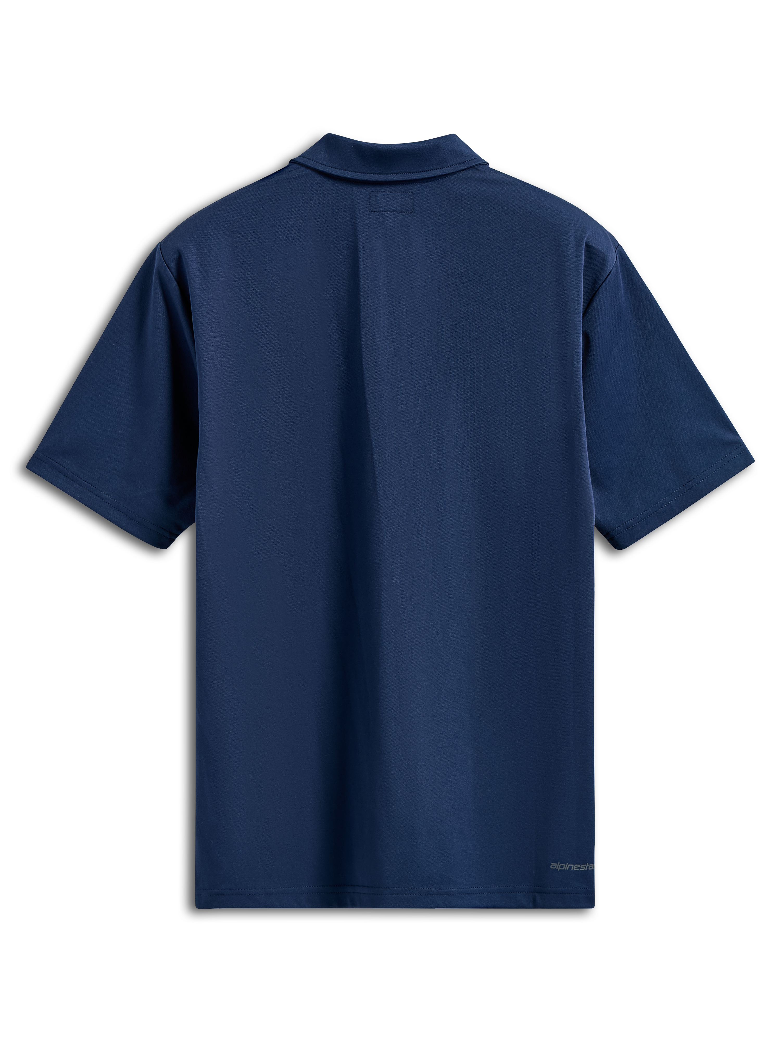 Alpinestars Impetus Sport Polo, kortärmad pikétröja, marinblå, vy bakifrån med självkrage och en liten ordlogotyp på den nedre högra fållen, vardagliga motorsport-streetwear