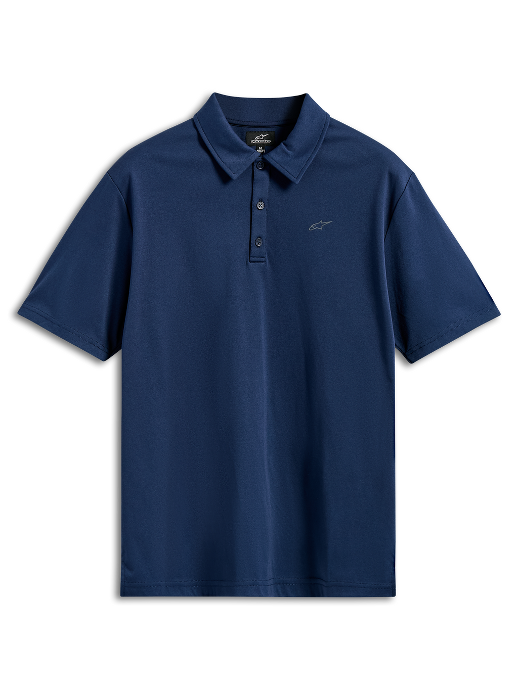 Alpinestars Impetus Sport Polo, kortärmad pikétröja, marinblå, mock mesh-tyg med knappslå med tre knappar och liten grå Astars-logotyp på bröstet, vardagliga motorsport-sportkläder