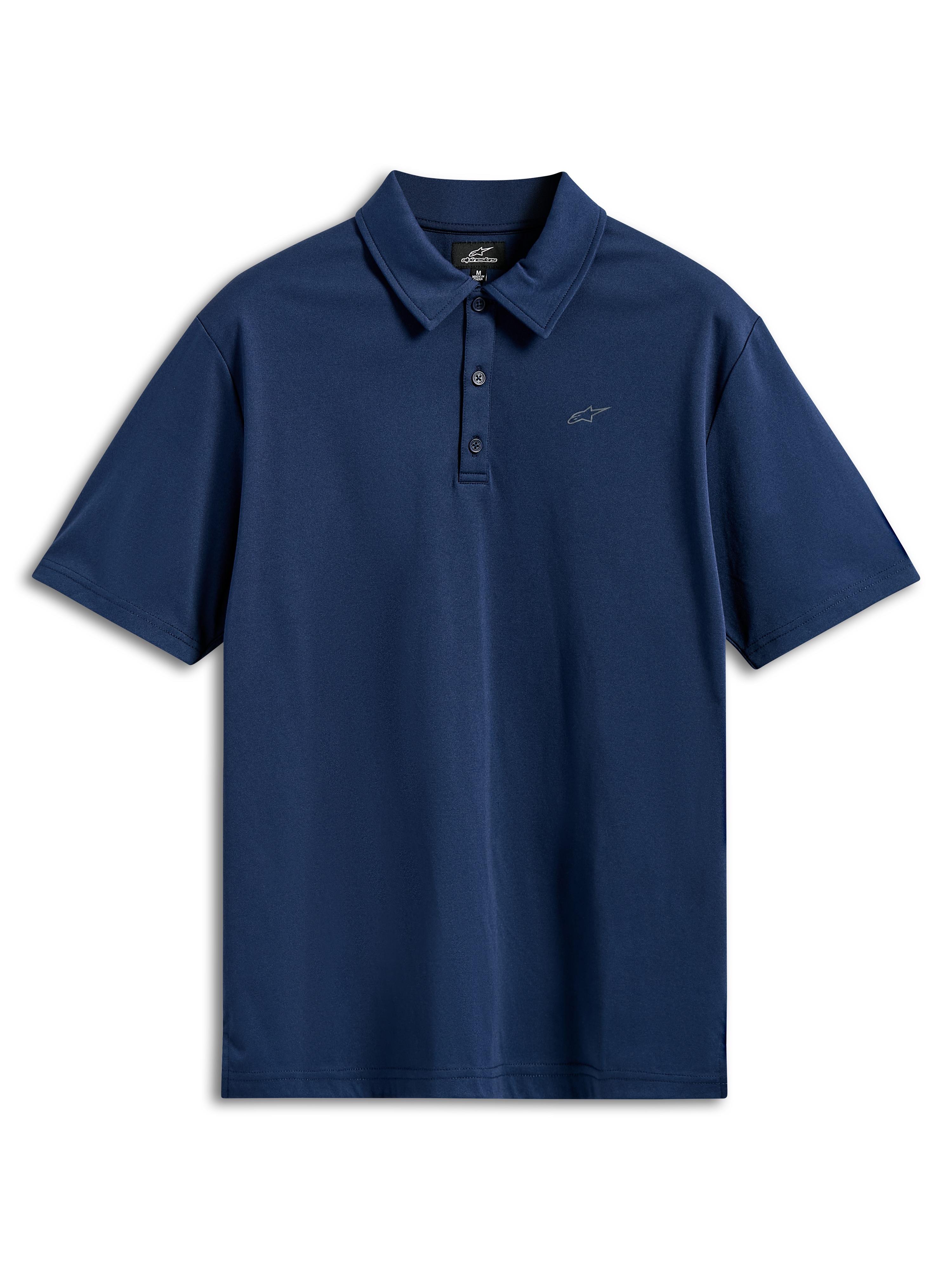 Alpinestars Impetus Sport Polo, kortärmad pikétröja, marinblå, mock mesh-tyg med knappslå med tre knappar och liten grå Astars-logotyp på bröstet, vardagliga motorsport-sportkläder