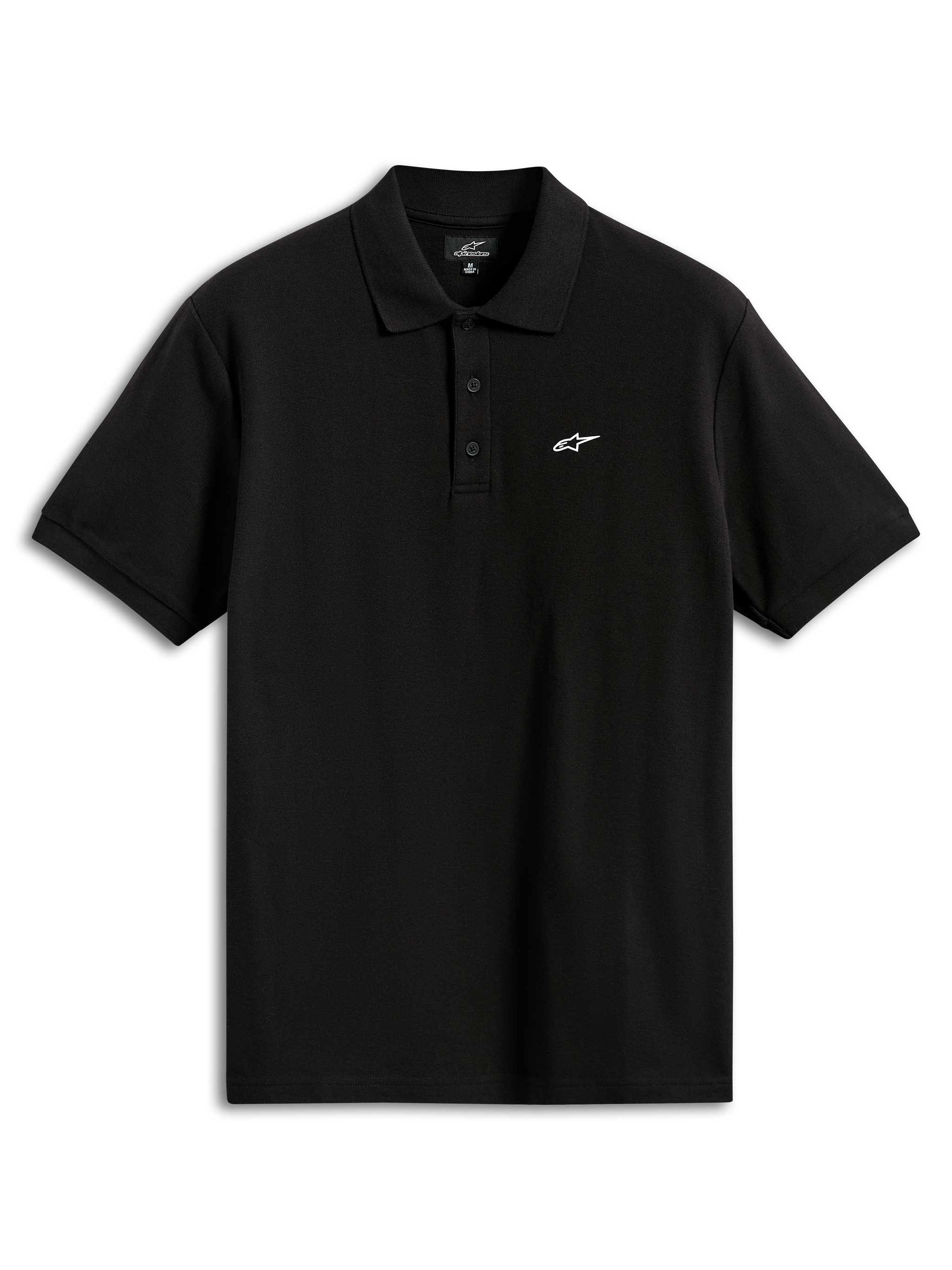 Alpinestars Endeavor Classic Polo, Short Sleeve Piqué Polo Shirt, Black, featuring a small white Astars logo on the chest, three-button placket, and ribbed collar and cuffs, casual sportswear