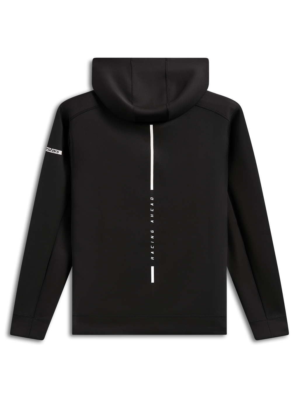 Alpinestars Insight Huvtröja, sedd bakifrån, svart hoodie i fleece, vertikal vit rand med texten "RACING AHEAD", Alpinestars logotyp på ärmen, vardaglig motorsport-inspirerad streetwear