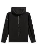Alpinestars Insight Huvtröja, sedd bakifrån, svart hoodie i fleece, vertikal vit rand med texten "RACING AHEAD", Alpinestars logotyp på ärmen, vardaglig motorsport-inspirerad streetwear