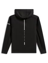 Alpinestars Insight Huvtröja, sedd bakifrån, svart hoodie i fleece, vertikal vit rand med texten "RACING AHEAD", Alpinestars logotyp på ärmen, vardaglig motorsport-inspirerad streetwear