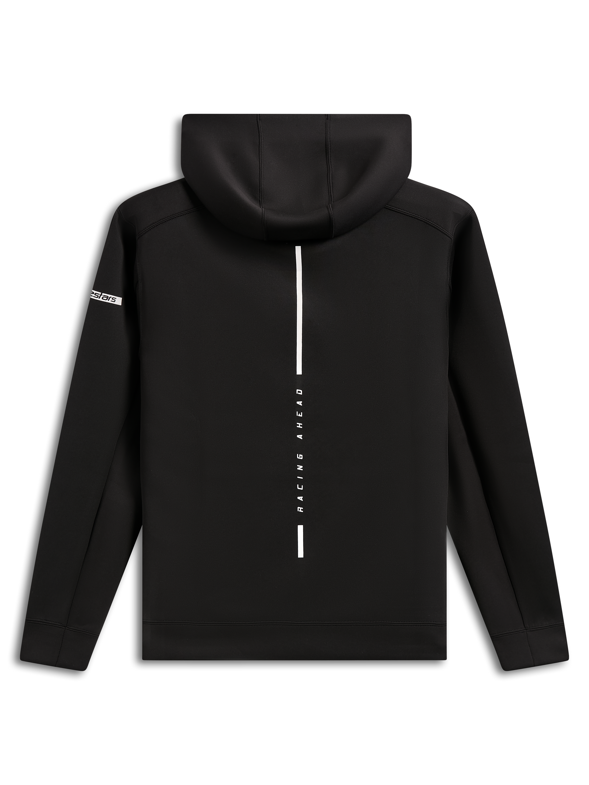 Alpinestars Insight Huvtröja, sedd bakifrån, svart hoodie i fleece, vertikal vit rand med texten "RACING AHEAD", Alpinestars logotyp på ärmen, vardaglig motorsport-inspirerad streetwear