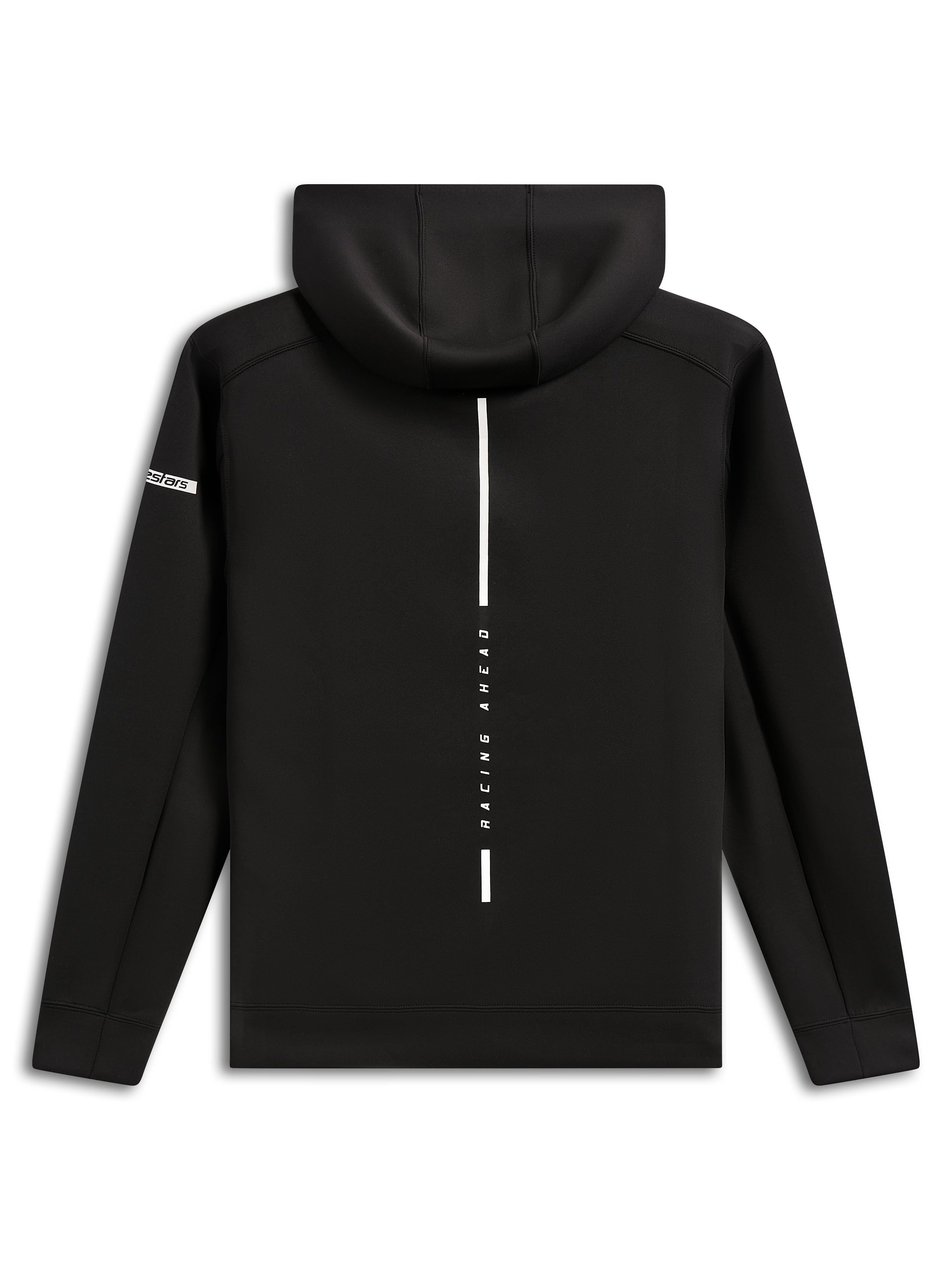 Alpinestars Insight Huvtröja, sedd bakifrån, svart hoodie i fleece, vertikal vit rand med texten "RACING AHEAD", Alpinestars logotyp på ärmen, vardaglig motorsport-inspirerad streetwear