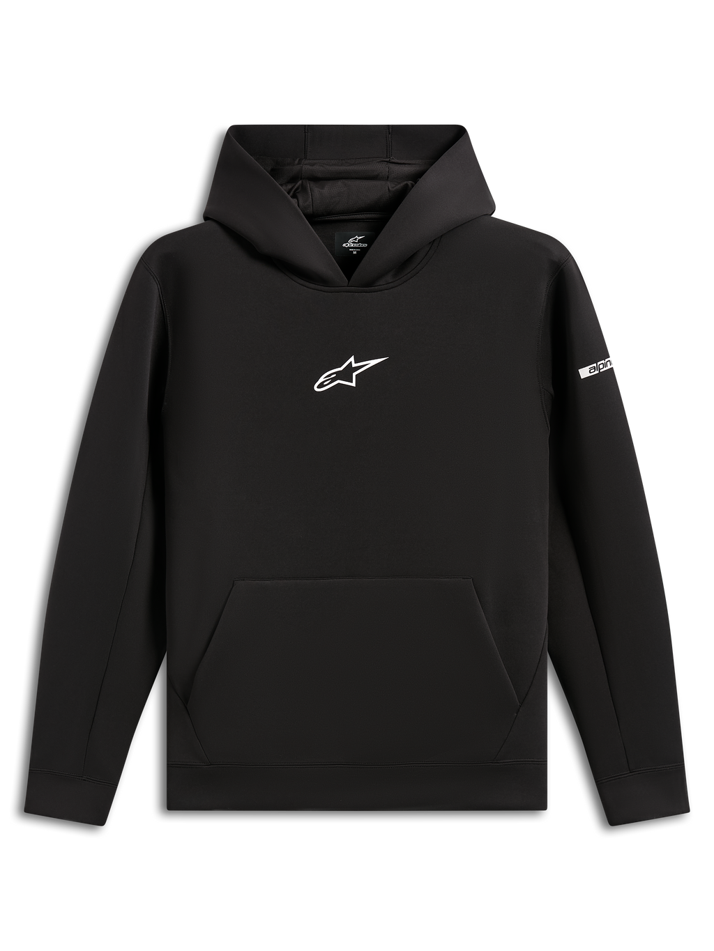 Alpinestars Insight Huvtröja, svart huvtröja i pullover-modell, vit Astars-logotyp på bröstet, känguruficka, meshfodrad huva, avslappnad motorsport-inspirerad streetwear