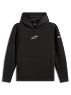 Alpinestars Insight Huvtröja, svart huvtröja i pullover-modell, vit Astars-logotyp på bröstet, känguruficka, meshfodrad huva, avslappnad motorsport-inspirerad streetwear