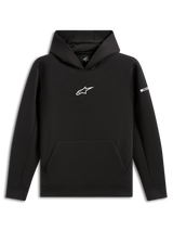 Alpinestars Insight Huvtröja, svart huvtröja i pullover-modell, vit Astars-logotyp på bröstet, känguruficka, meshfodrad huva, avslappnad motorsport-inspirerad streetwear