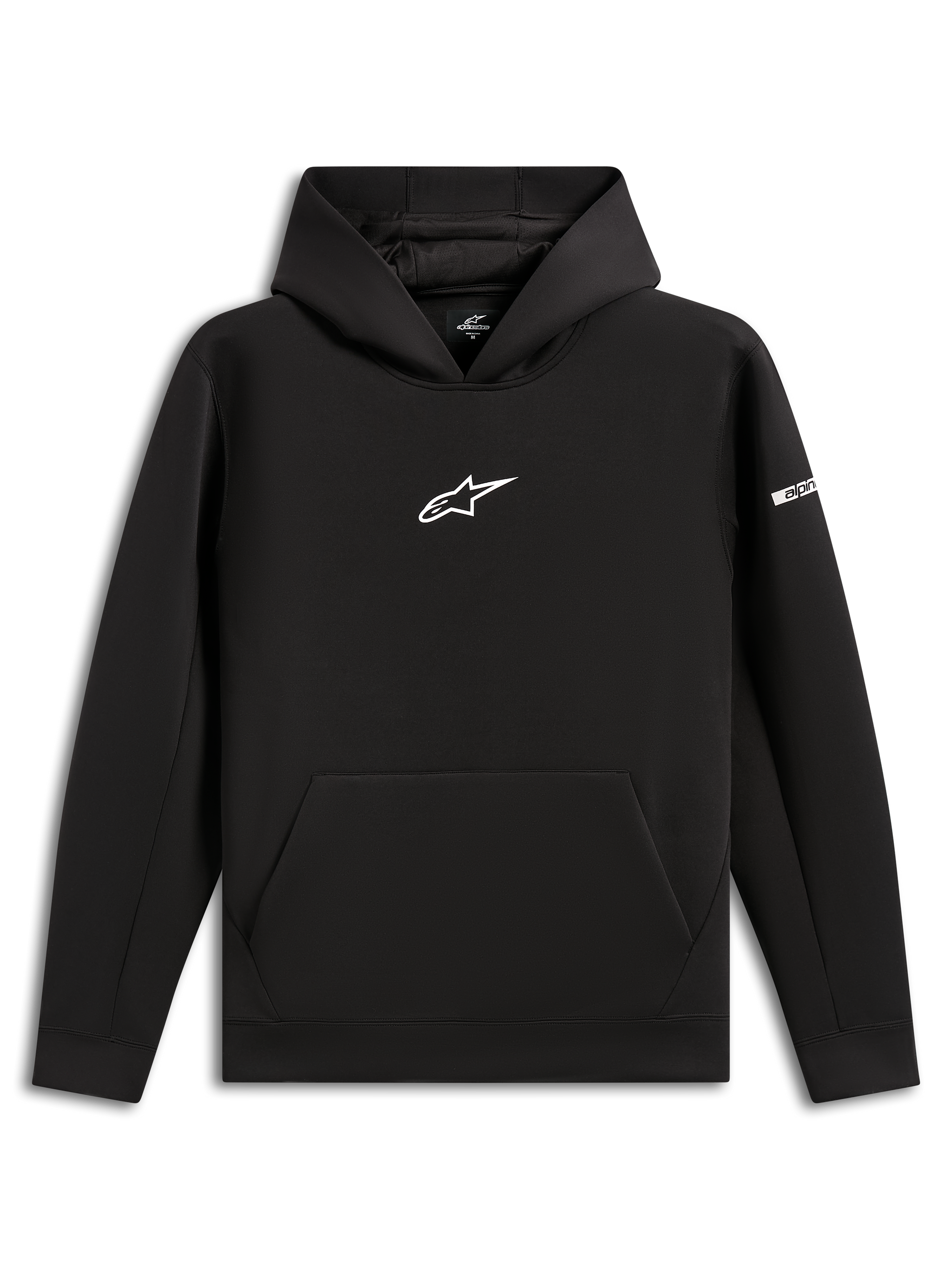 Alpinestars Insight Huvtröja, svart huvtröja i pullover-modell, vit Astars-logotyp på bröstet, känguruficka, meshfodrad huva, avslappnad motorsport-inspirerad streetwear