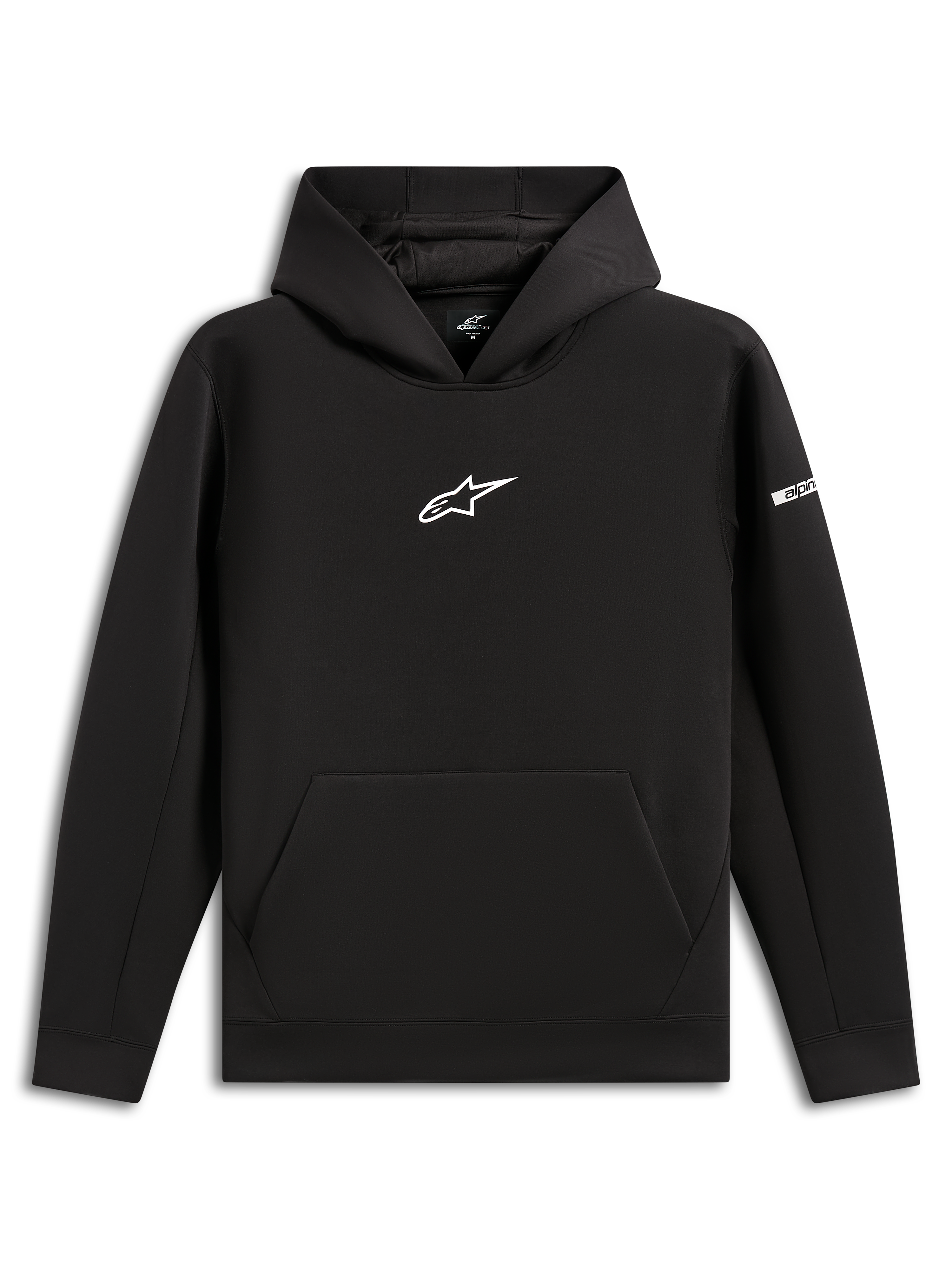 Alpinestars Insight Huvtröja, svart huvtröja i pullover-modell, vit Astars-logotyp på bröstet, känguruficka, meshfodrad huva, avslappnad motorsport-inspirerad streetwear