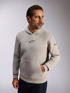 Alpinestars Insight Hoodie, casual lifestyle streetwear, Cement gray fleece, front black Astars logo, kangaroo pocket, sleeve wordmark, mesh-lined hood, modern motorsport-inspired apparel