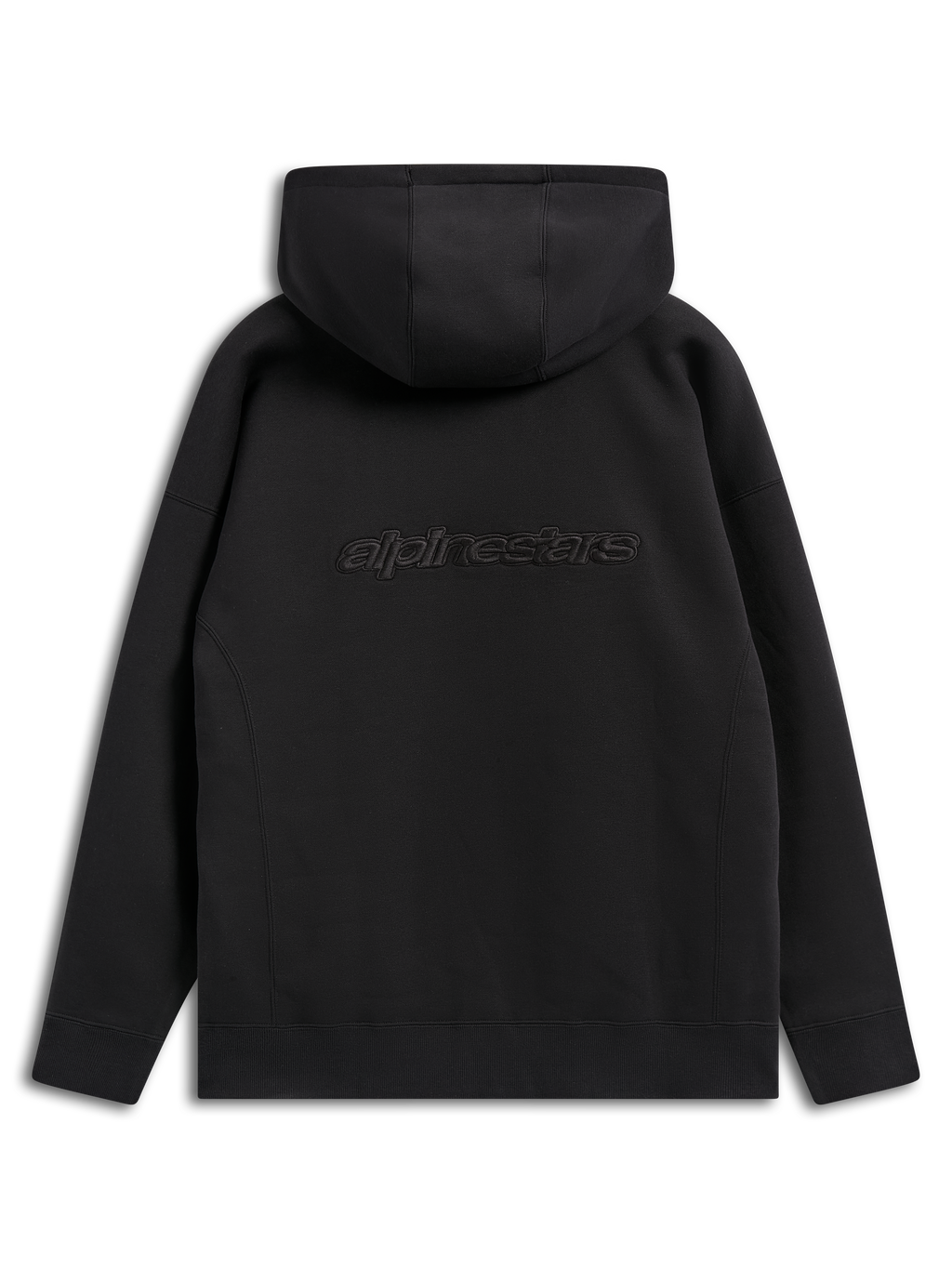 Alpinestars Emergent Oversized Hoodie, black casual streetwear, back view showing embroidered Alpinestars word logo, oversized fit with hooded design and ribbed hem