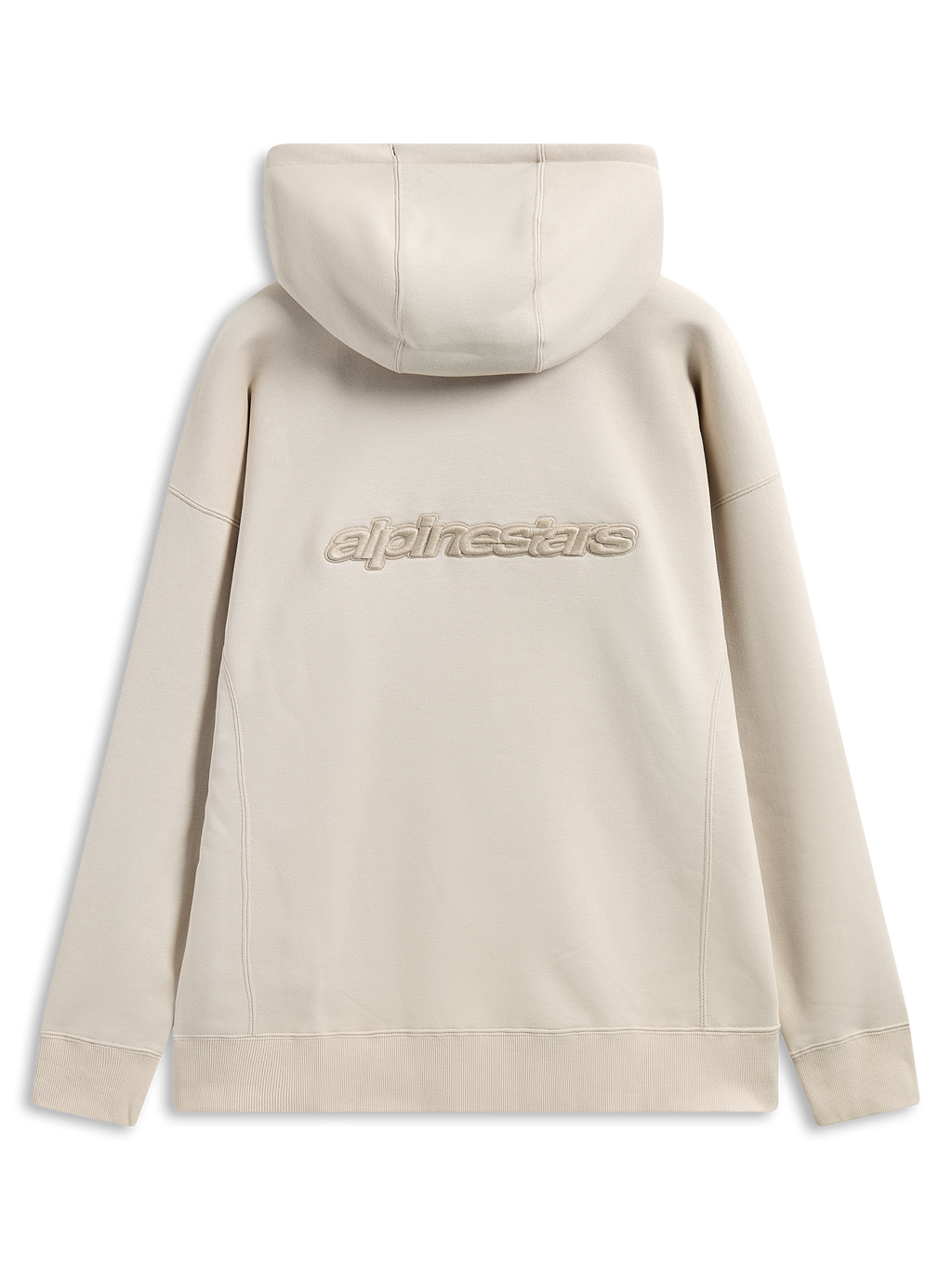 Alpinestars Emergent Oversized Hoodie, baksida, sandfärgad, 3D-broderad Alpinestars-ordlogotyp mitt på ryggen, oversized passform med ribbade muddar och fåll, avslappnad streetwear
