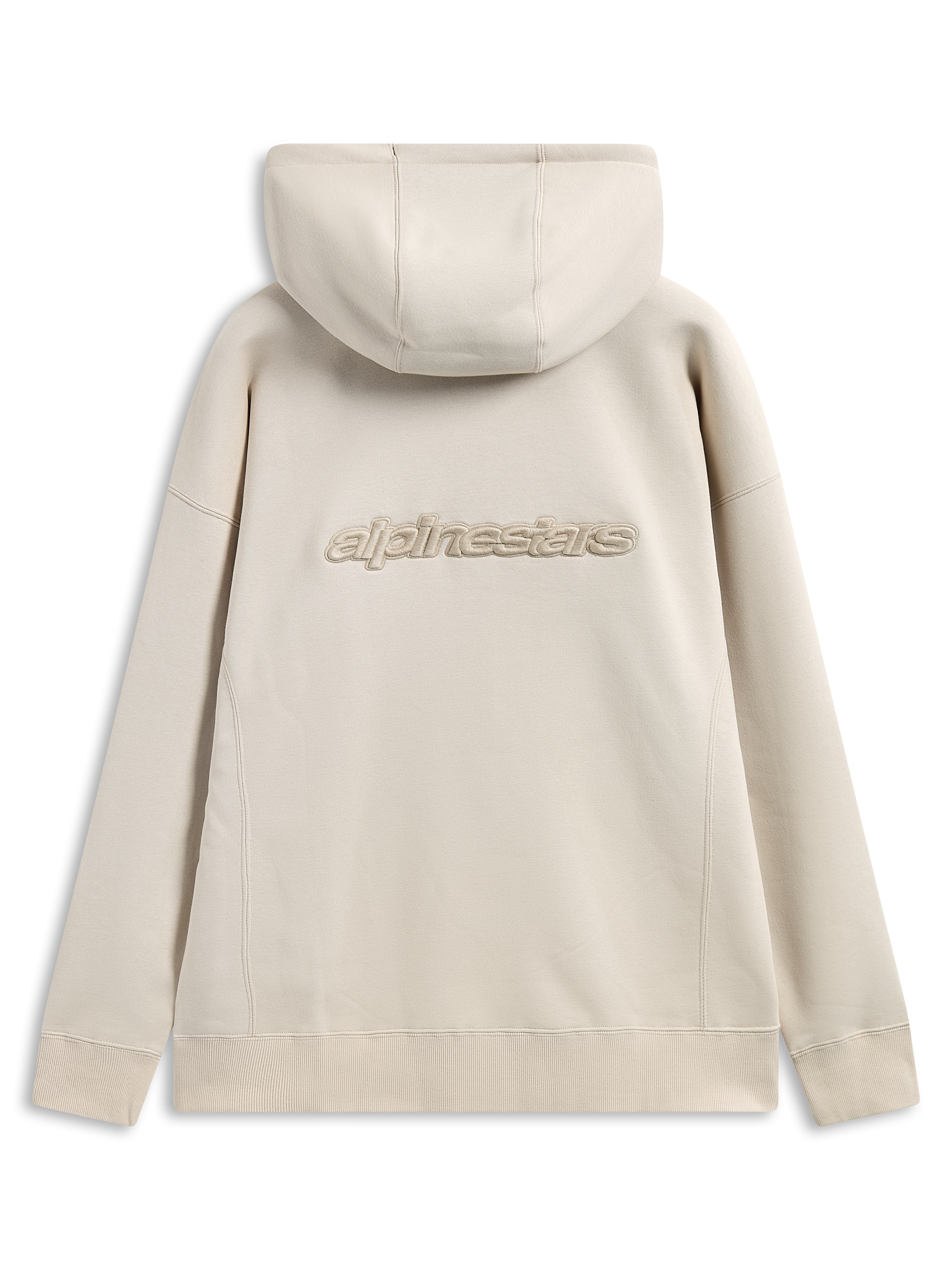 Alpinestars Emergent Oversized Hoodie, baksida, sandfärgad, 3D-broderad Alpinestars-ordlogotyp mitt på ryggen, oversized passform med ribbade muddar och fåll, avslappnad streetwear