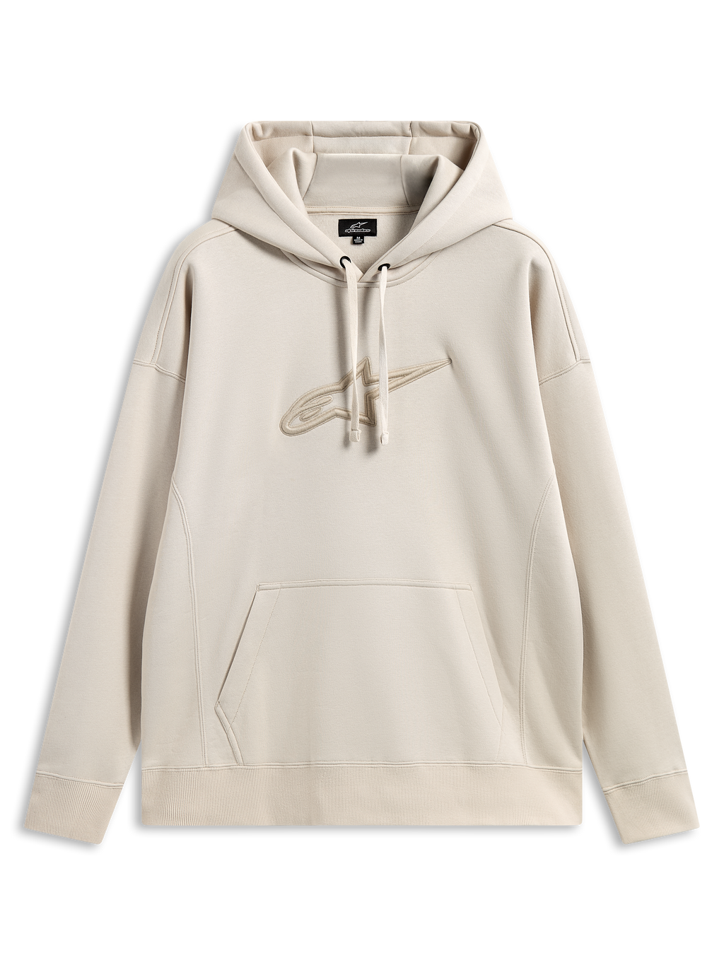 Alpinestars Emergent Oversized Hoodie, casual motorsport-streetwear, sandfärgad med ton-i-ton 3D-broderad Astars-logotyp, huva med dragsnöre, känguruficka, avslappnad oversized-passform