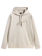 Alpinestars Emergent Oversized Hoodie, casual motorsport-streetwear, sandfärgad med ton-i-ton 3D-broderad Astars-logotyp, huva med dragsnöre, känguruficka, avslappnad oversized-passform